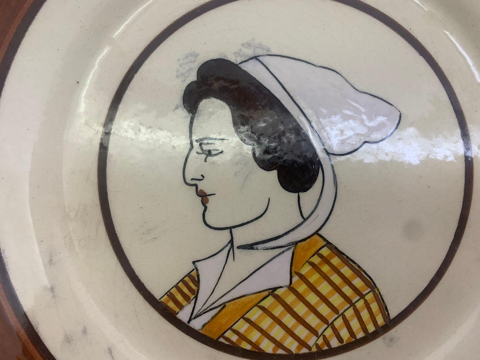 Seven Faience Portrait Plates Representing Breton Characters Signed HB Quimper For Sale 7