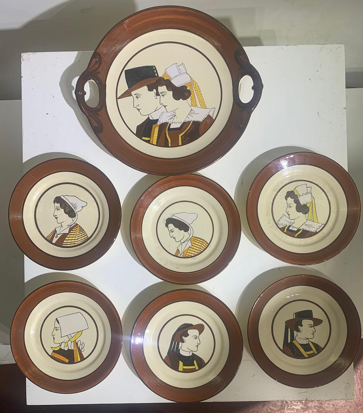 Art Deco Seven Faience Portrait Plates Representing Breton Characters Signed HB Quimper For Sale