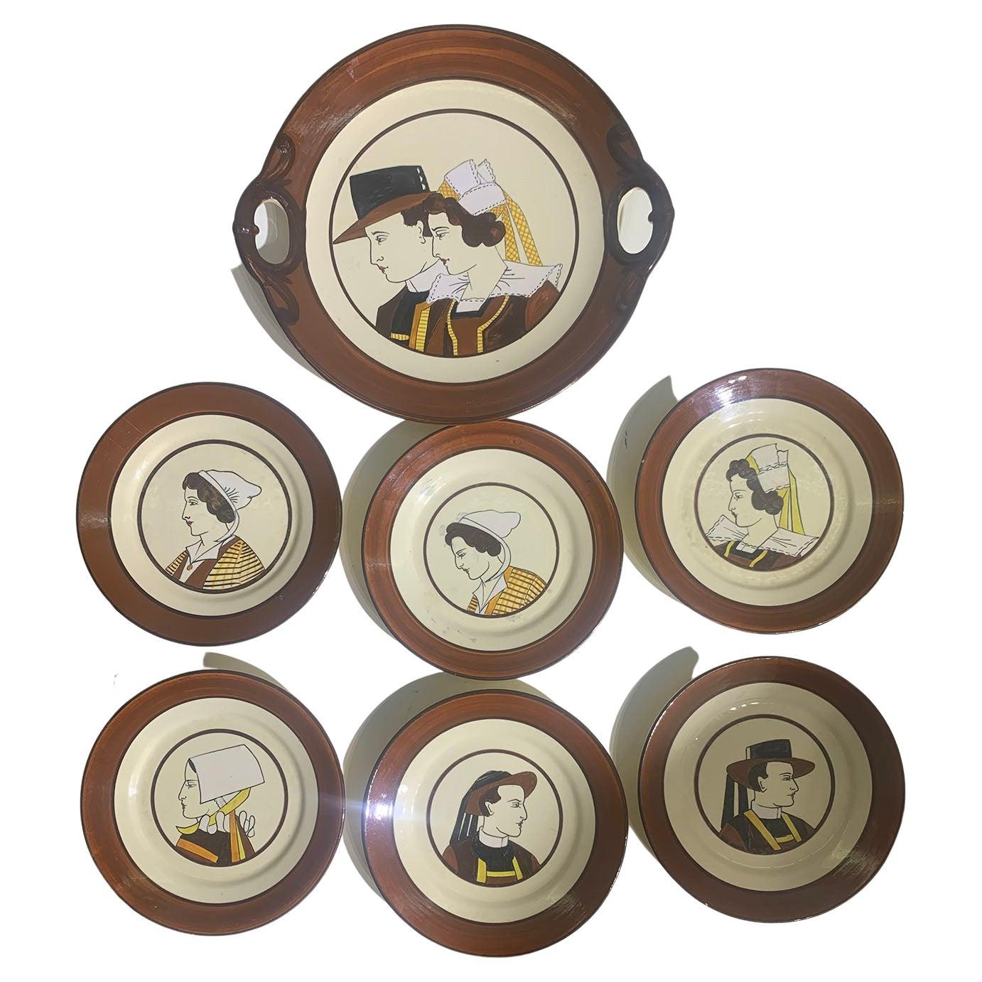 Seven Faience Portrait Plates Representing Breton Characters Signed HB Quimper For Sale