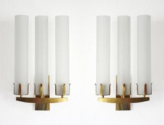 Seven French Huge Glass and Solid Brass Wall Lights Sconces 1950s