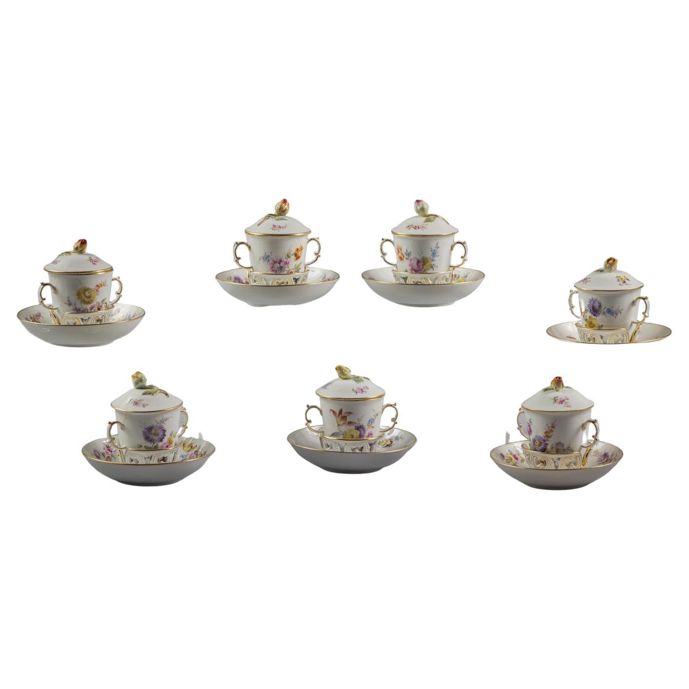 Seven German Porcelain Trembleuse Cups and Stands, Meissen, Circa 1880