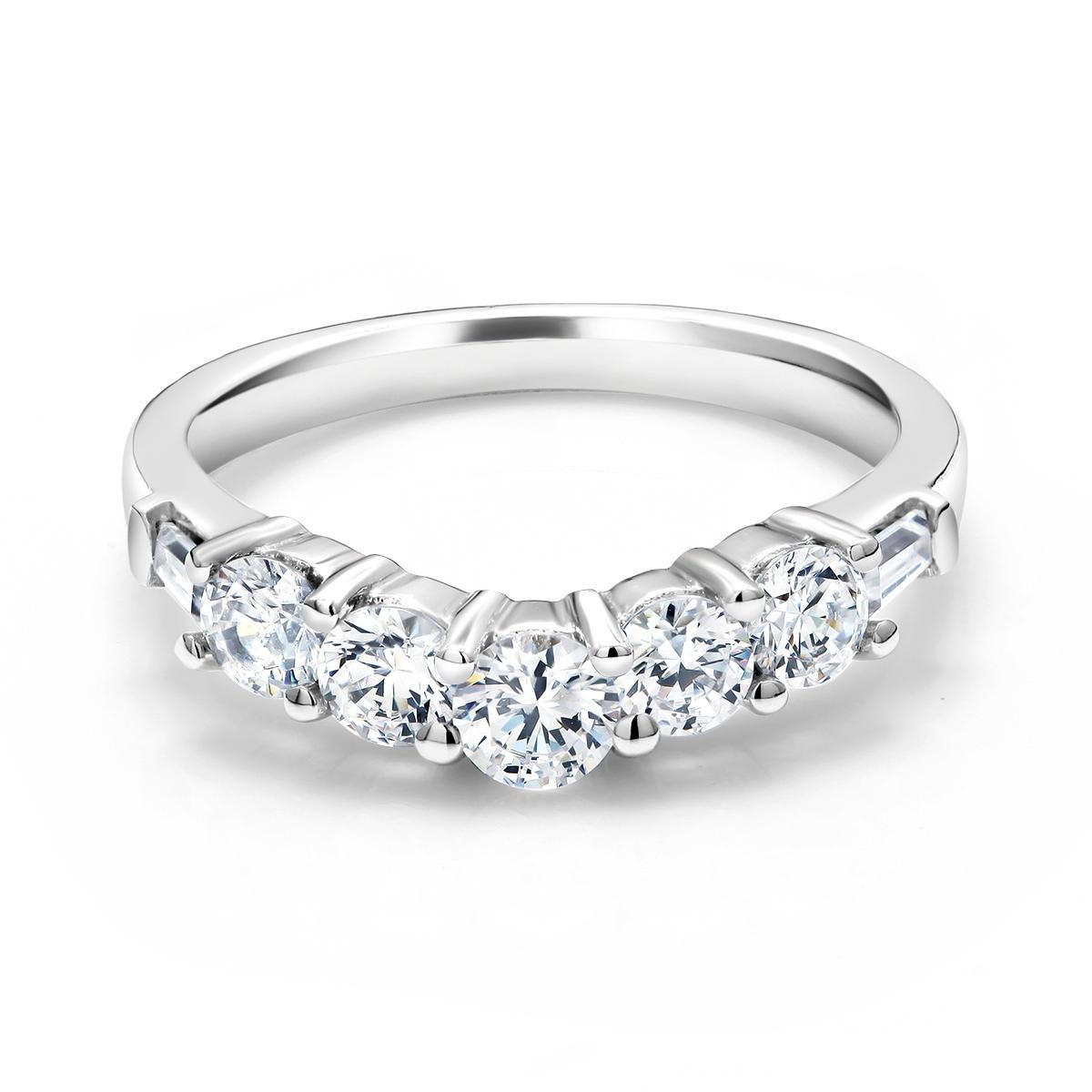 Round Cut Seven Graduating Round Baguette Diamond Vee Shaped Prong Set Gold Wedding Ring