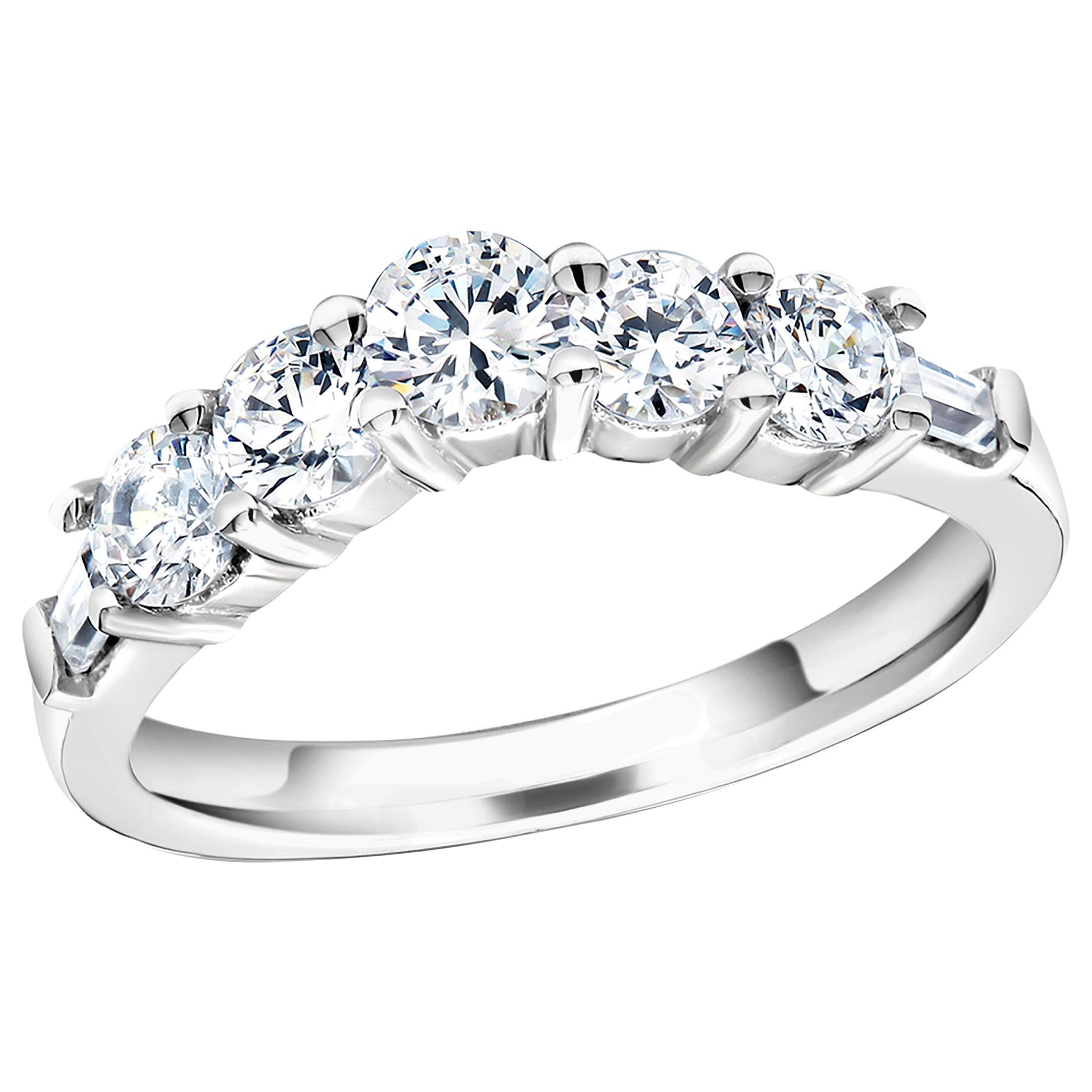 Seven Graduating Round Baguette Diamond Vee Shaped Prong Set Gold Wedding Ring