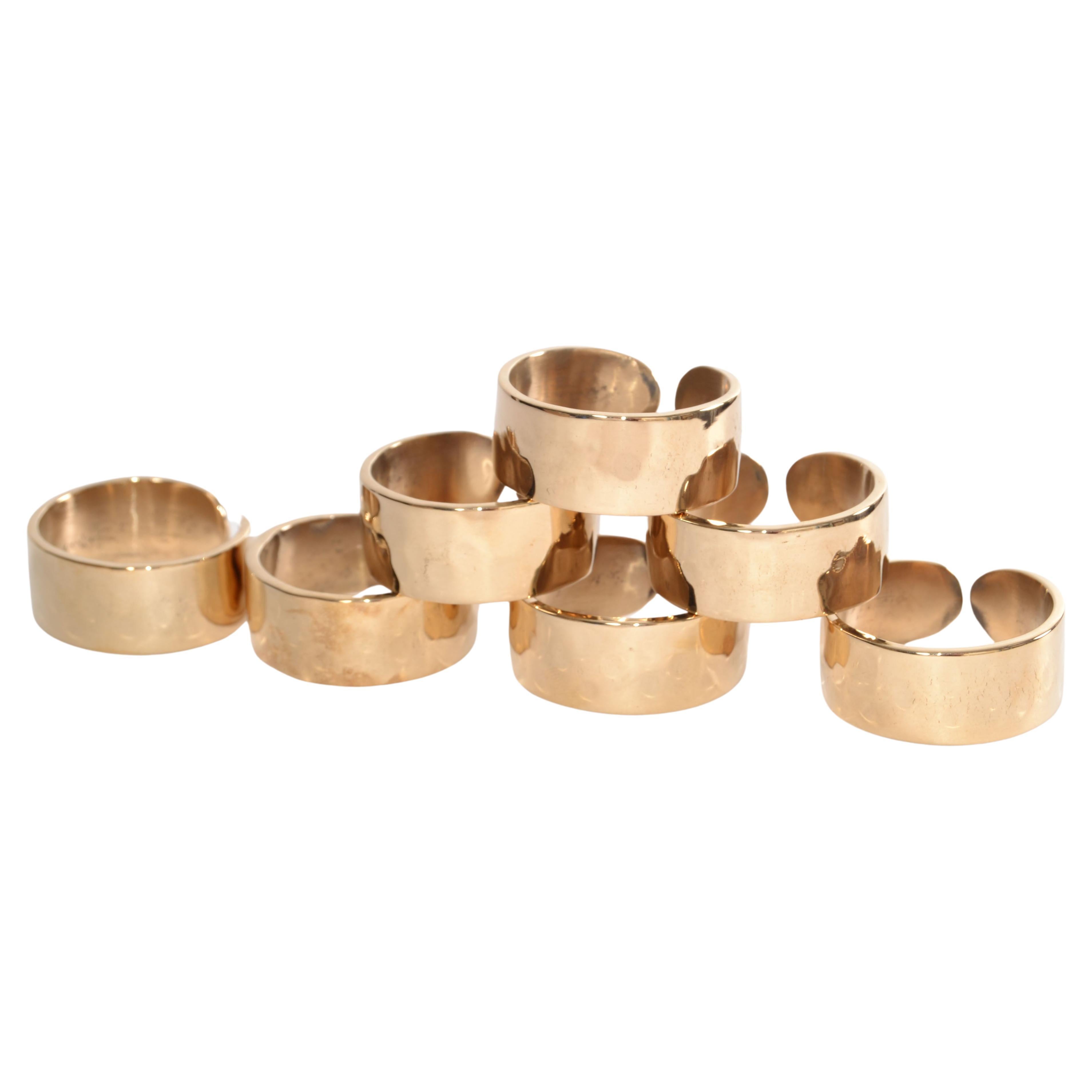 Seven Hammered Bronze Polished Round Napkin Rings Mid-Century Modern