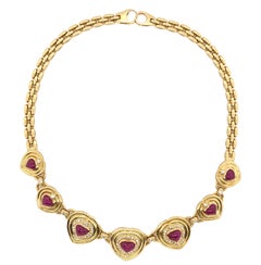 Seven Hearts Shaped Ruby and Diamond Necklace 18k Yellow Gold Panther Link Chain