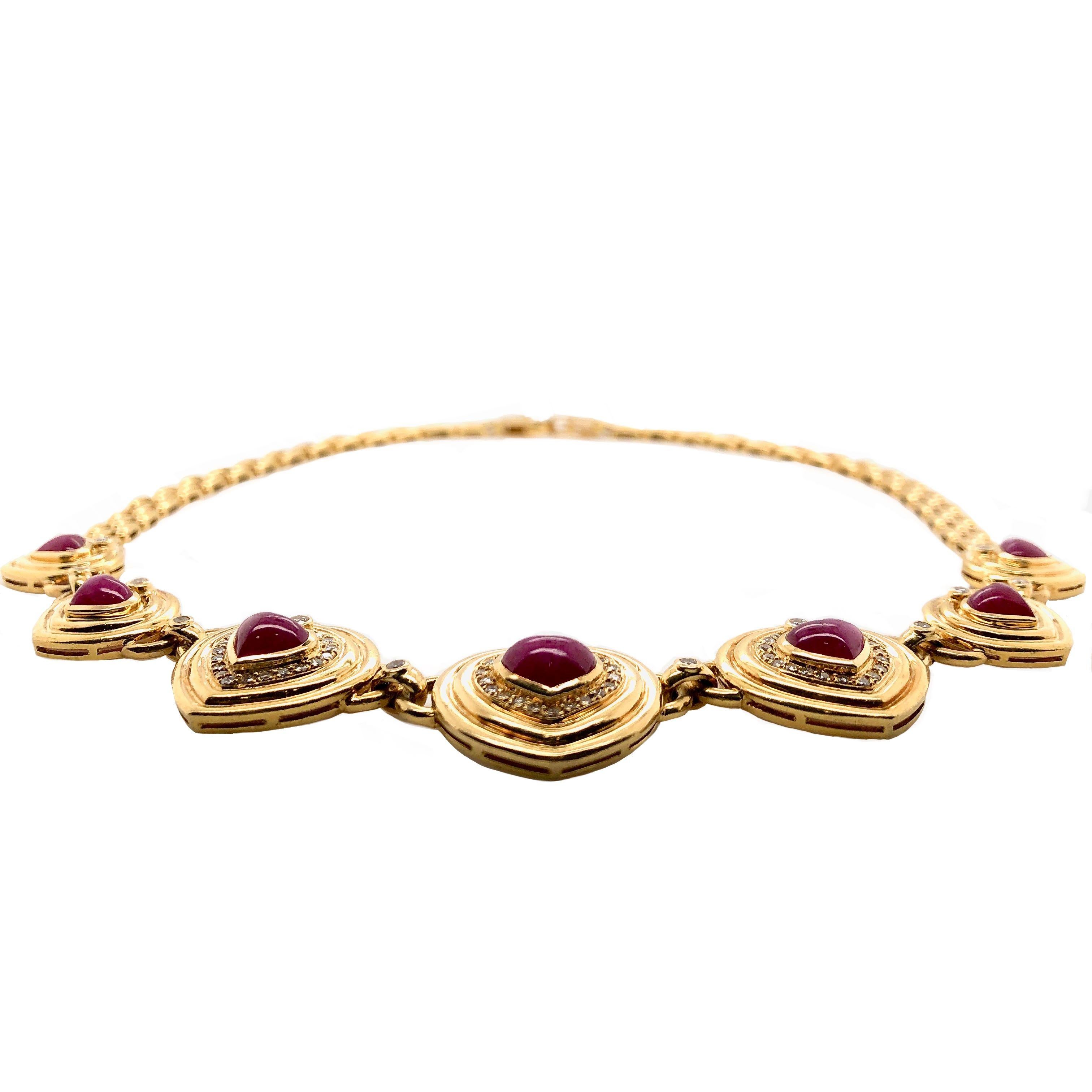 Renaissance Seven Hearts Shaped Ruby and Diamond Necklace 18k Yellow Gold Panther Link Chain For Sale
