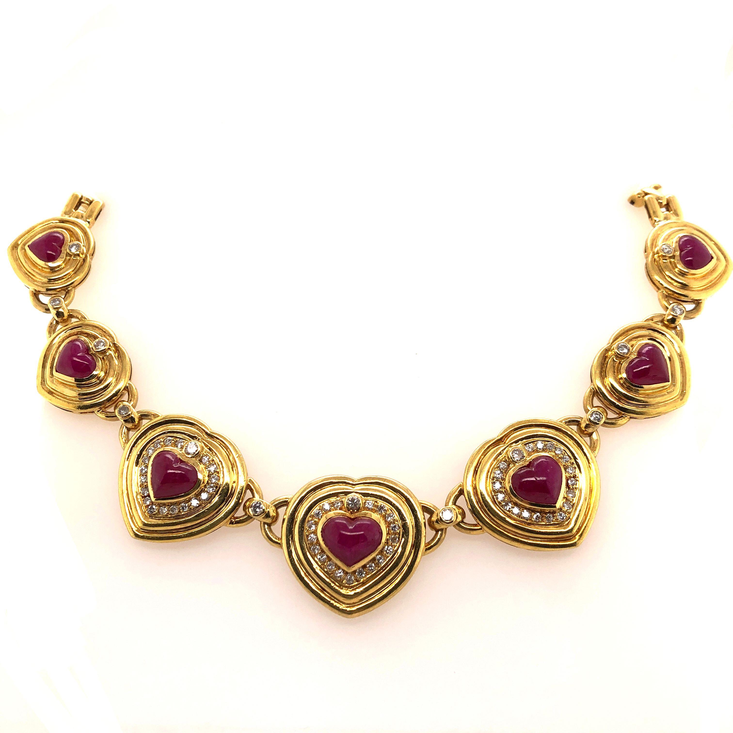 Women's Seven Hearts Shaped Ruby and Diamond Necklace 18k Yellow Gold Panther Link Chain For Sale