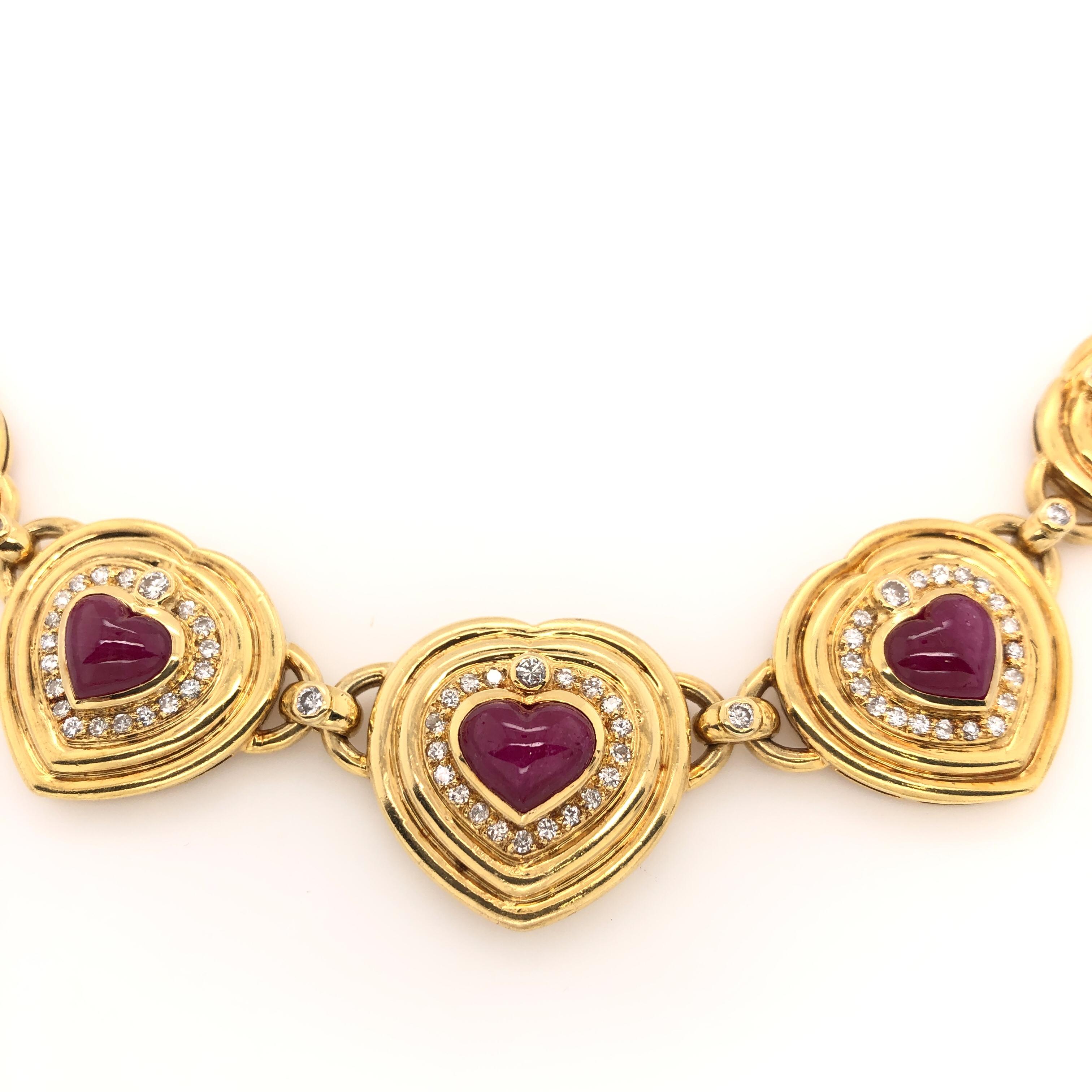 Seven Hearts Shaped Ruby and Diamond Necklace 18k Yellow Gold Panther Link Chain For Sale 1
