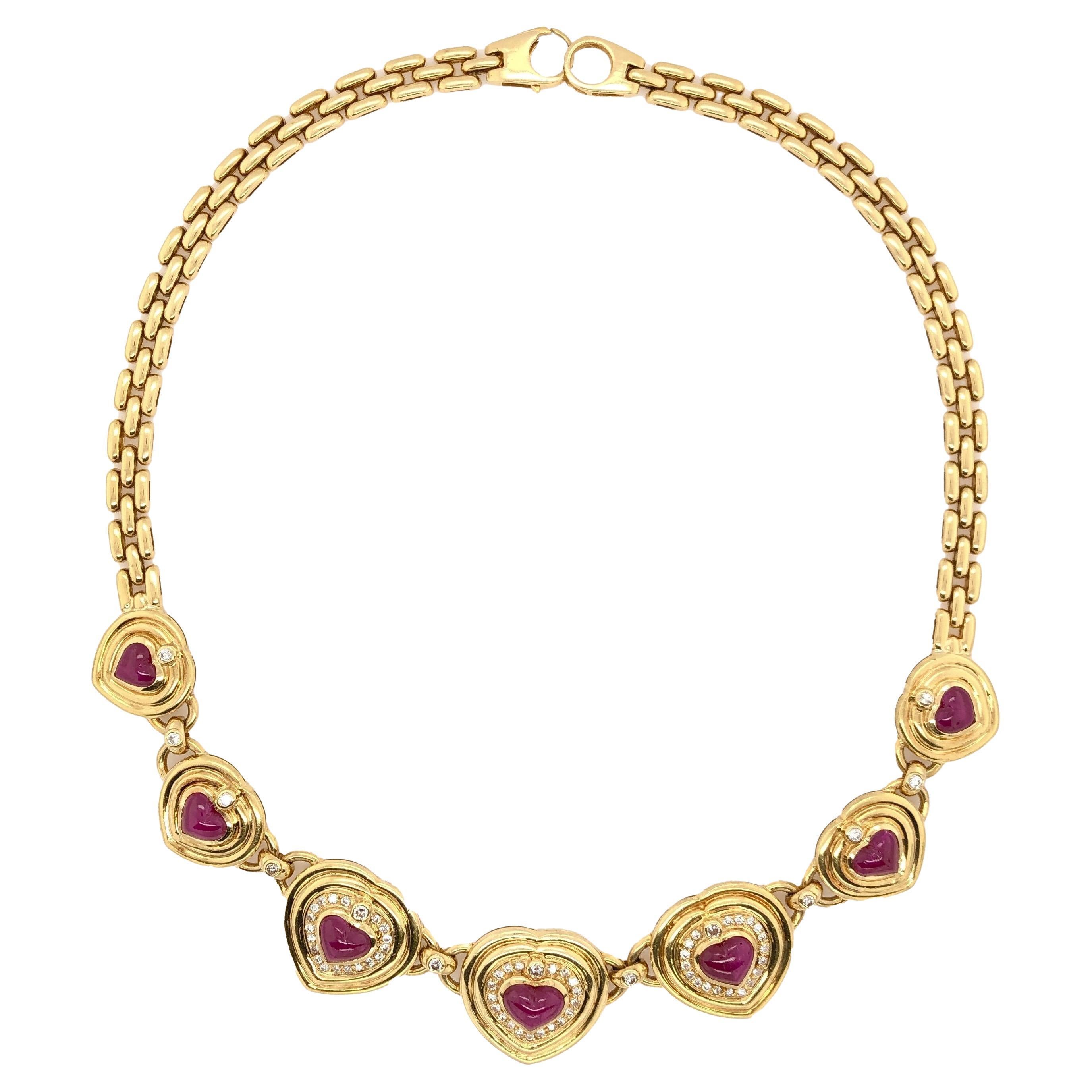 Seven Hearts Shaped Ruby and Diamond Necklace 18k Yellow Gold Panther Link Chain