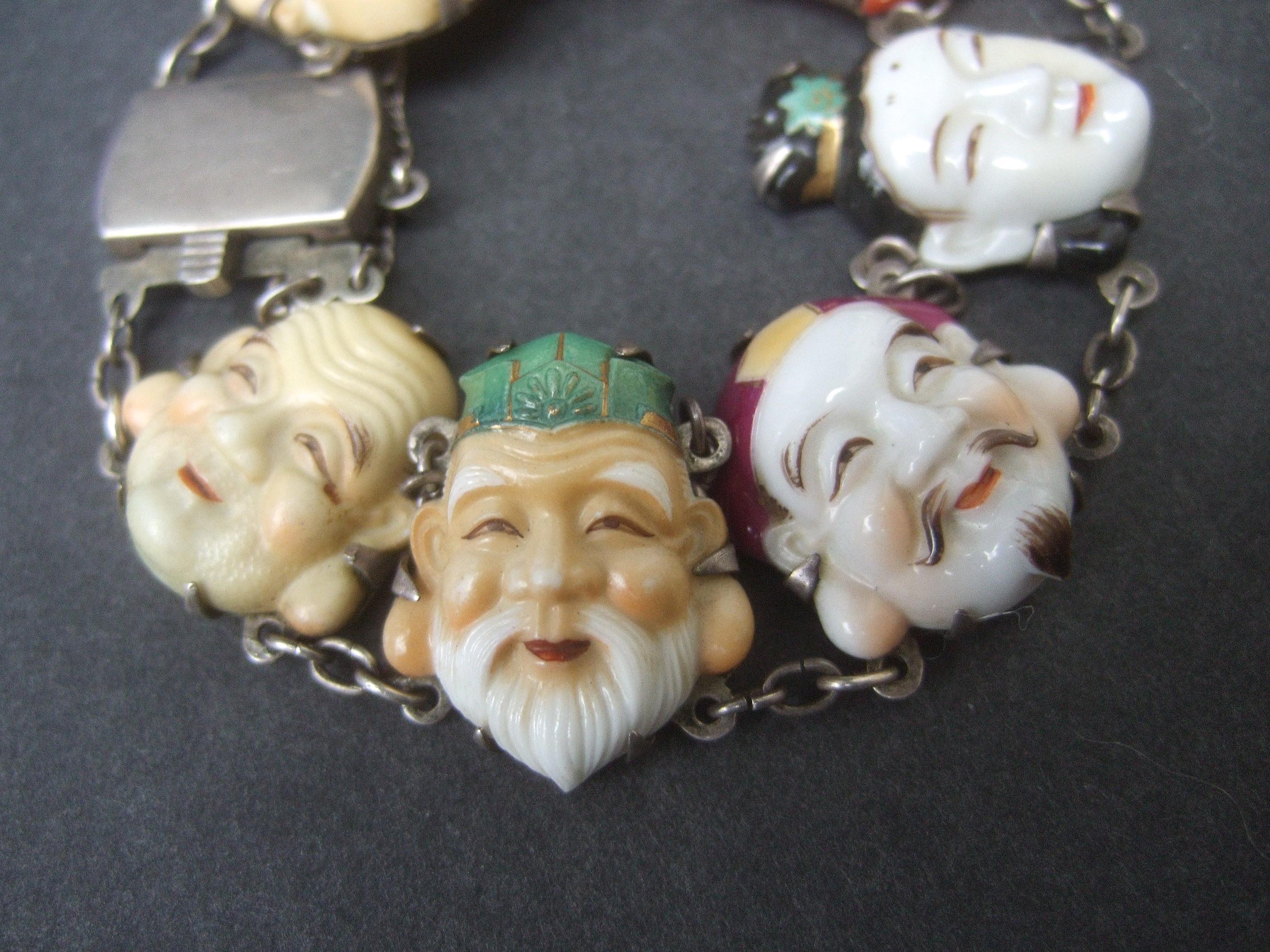 Seven Immortal Lucky Gods of Japan Sterling & Porcelain Figural Bracelet c 1950s For Sale 2