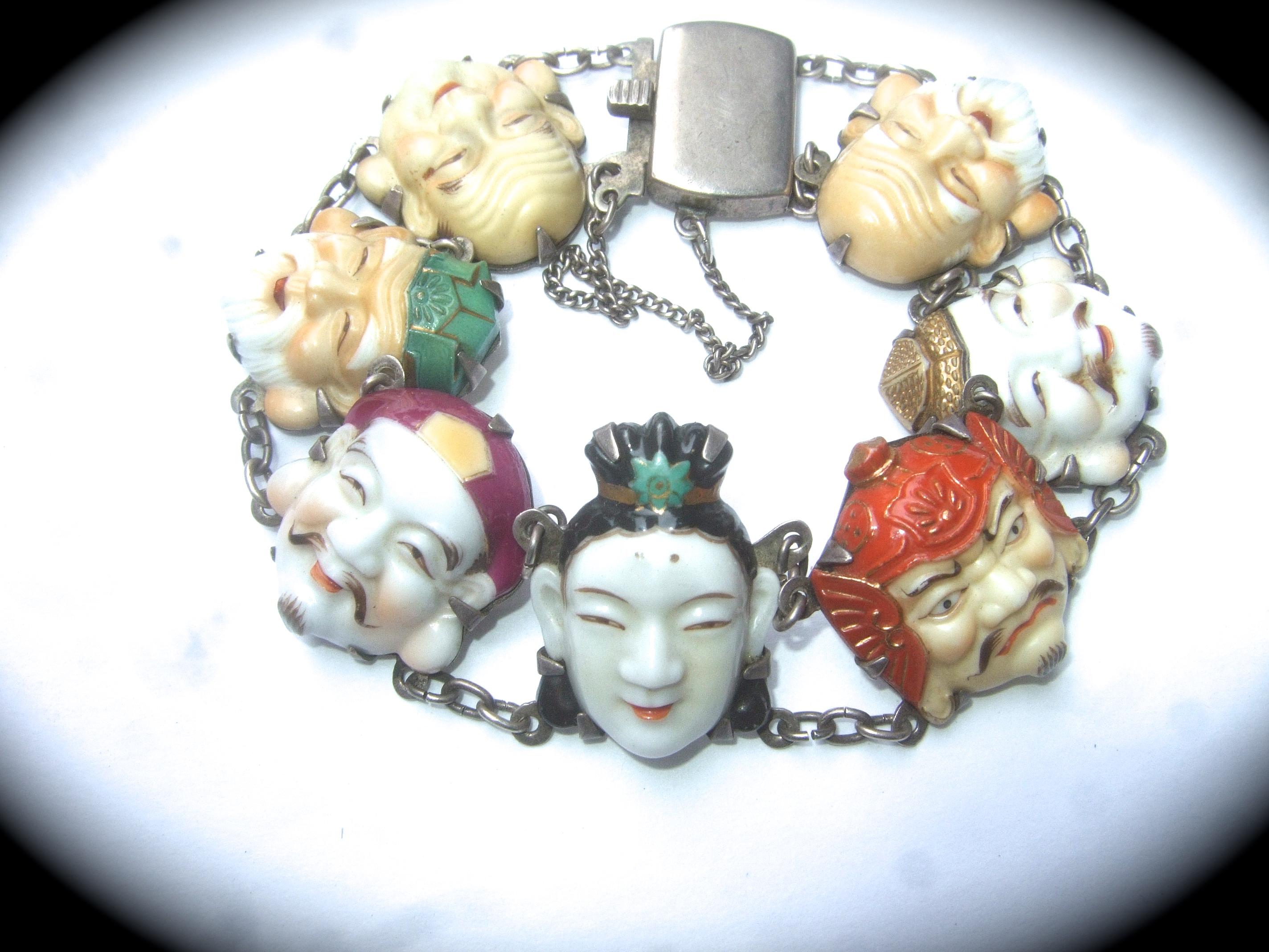 Seven Immortal Lucky Gods of Japan Sterling & Porcelain Figural Bracelet c 1950s 5
