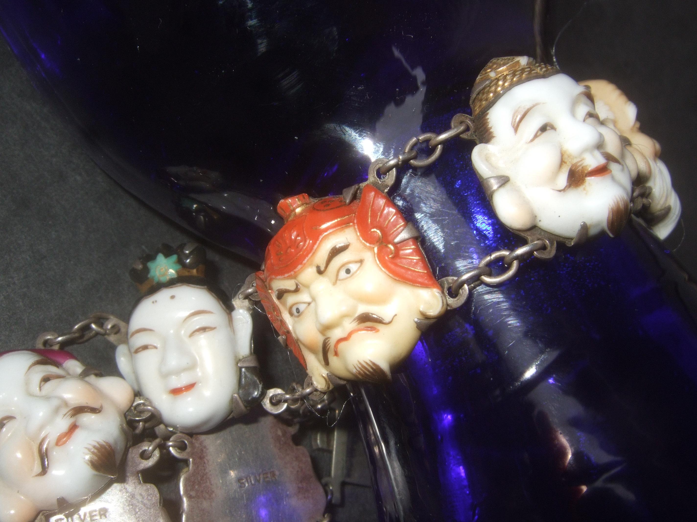 Seven Immortal Lucky Gods of Japan Sterling & Porcelain Figural Bracelet c 1950s 6