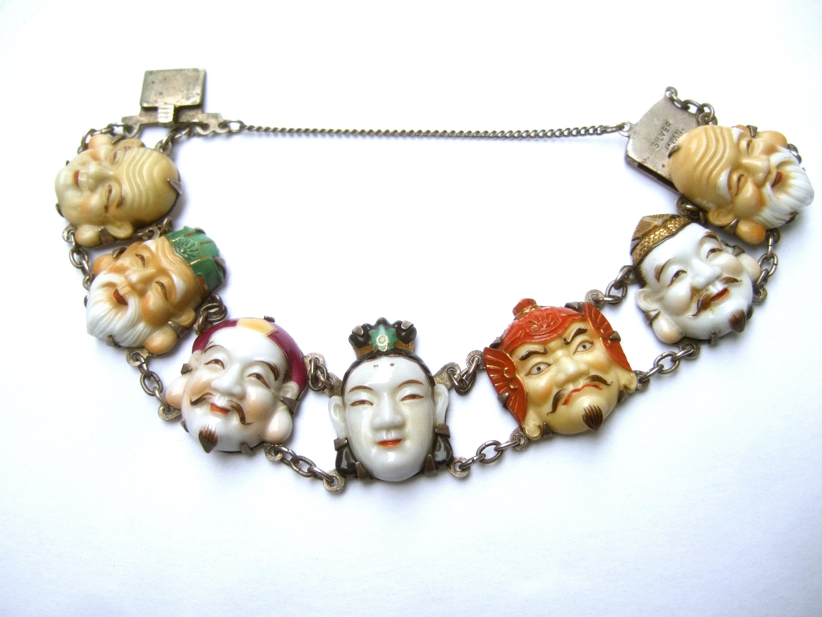 Seven Immortal Lucky Gods of Japan Sterling & Porcelain Figural Bracelet c 1950s 7