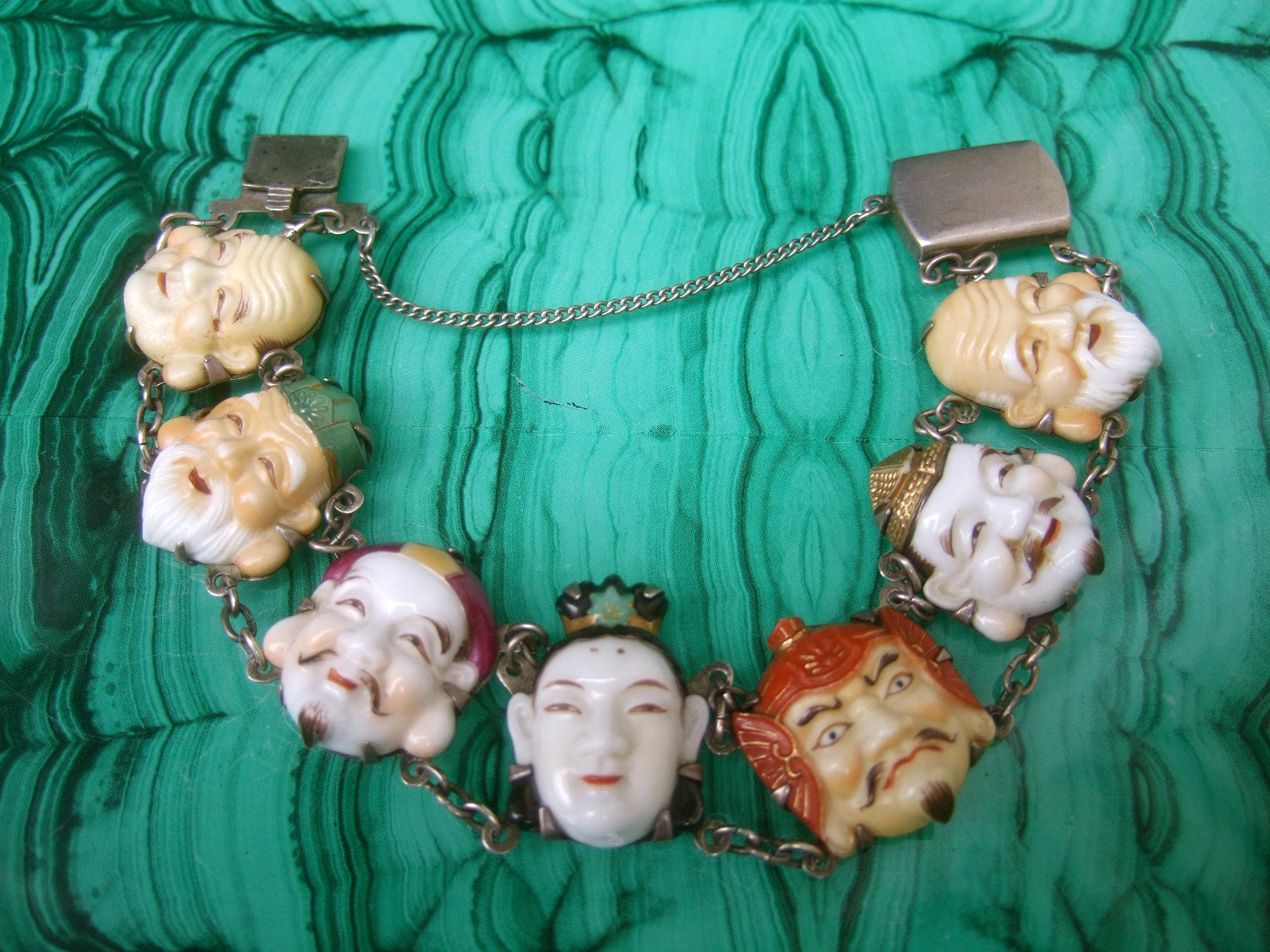 Seven Immortal Lucky Gods of Japan Sterling & Porcelain Figural Bracelet c 1950s en vente 12