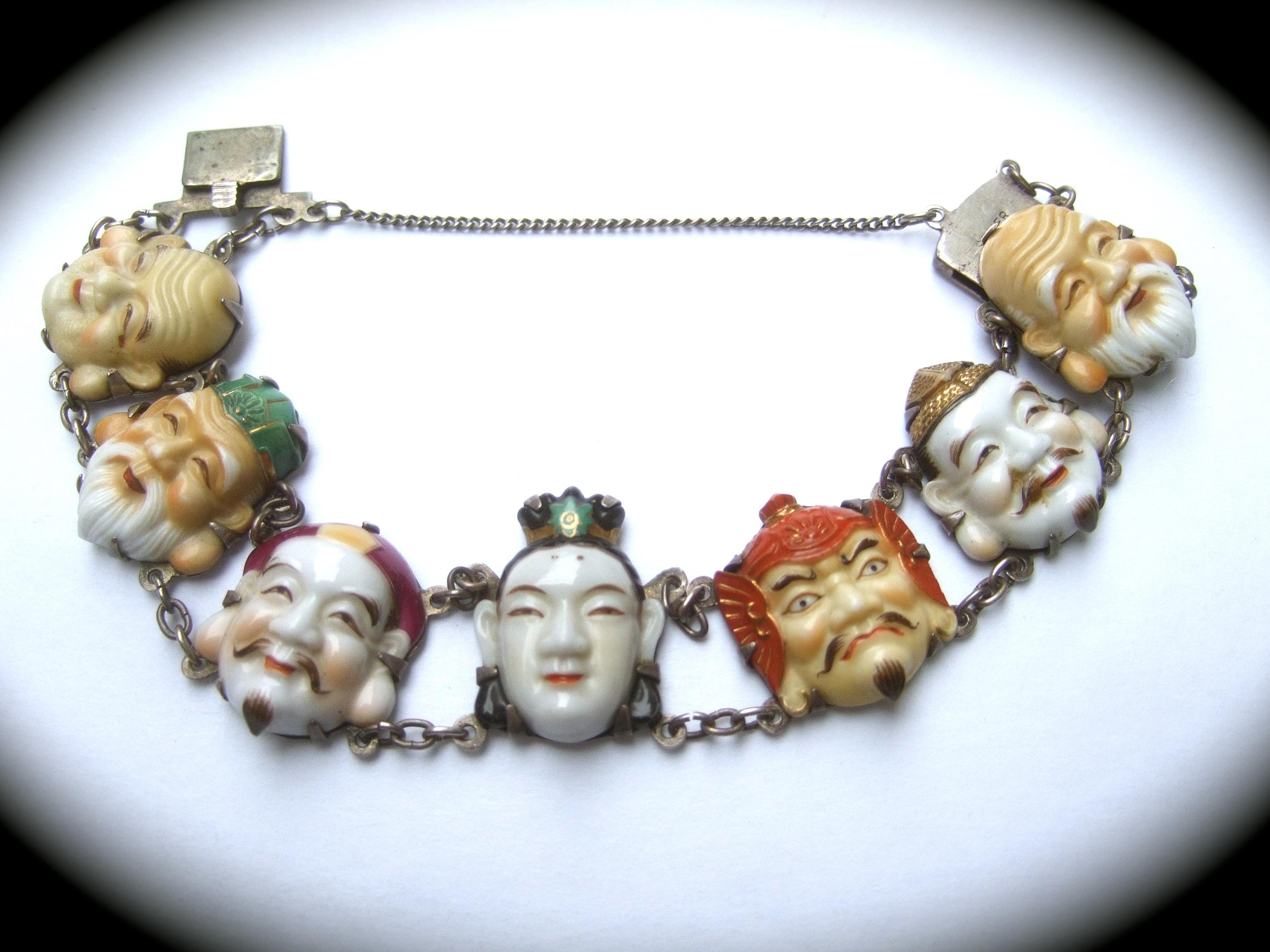 Artisan Seven Immortal Lucky Gods of Japan Sterling & Porcelain Figural Bracelet c 1950s en vente
