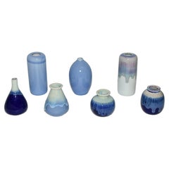 Seven Japanese Wabi Sabi Mini Ceramic Vases Blue Series
