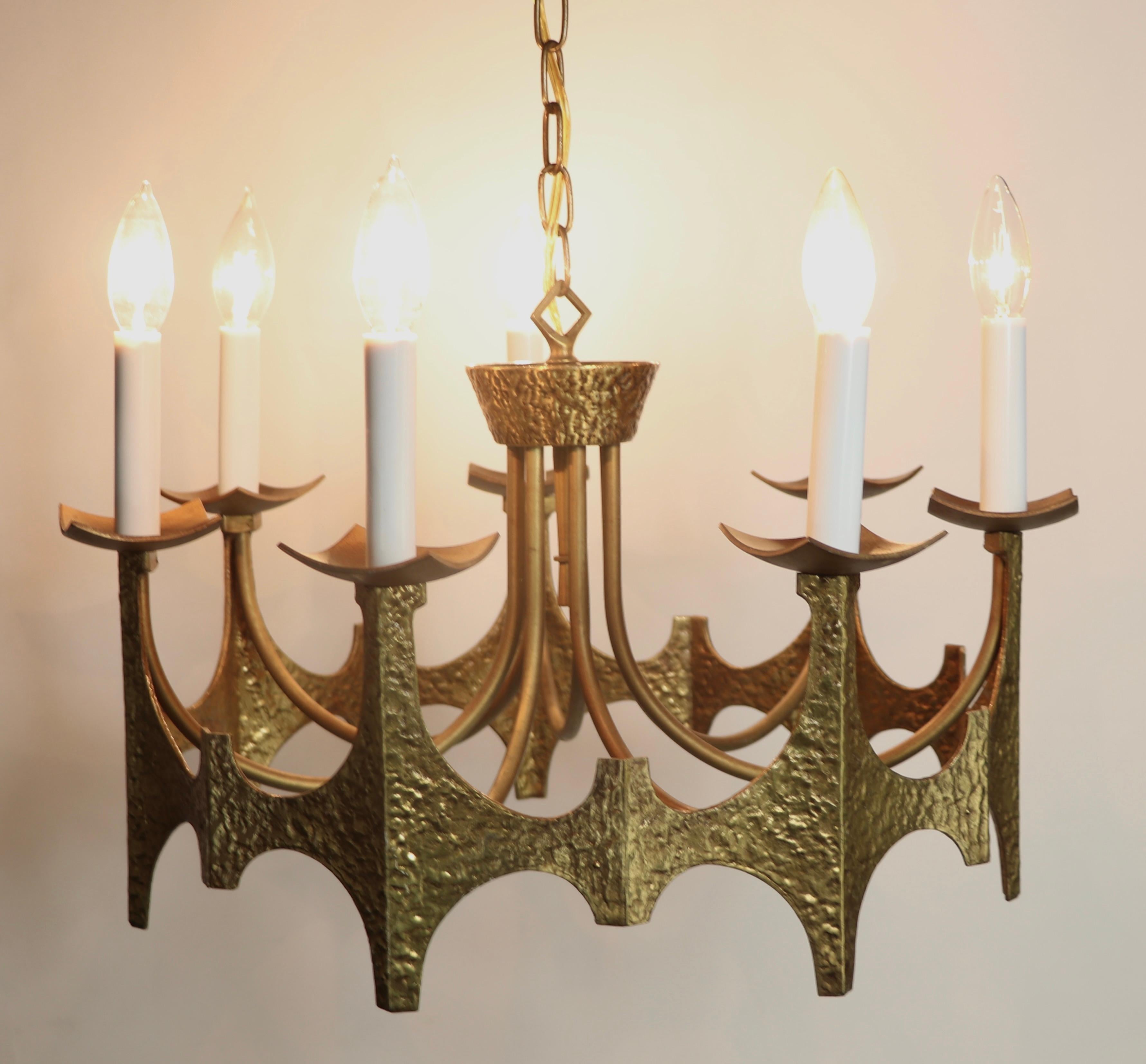 American Seven Light Brass Brutalist Chandelier by Moe Bridges, ca. 1970's