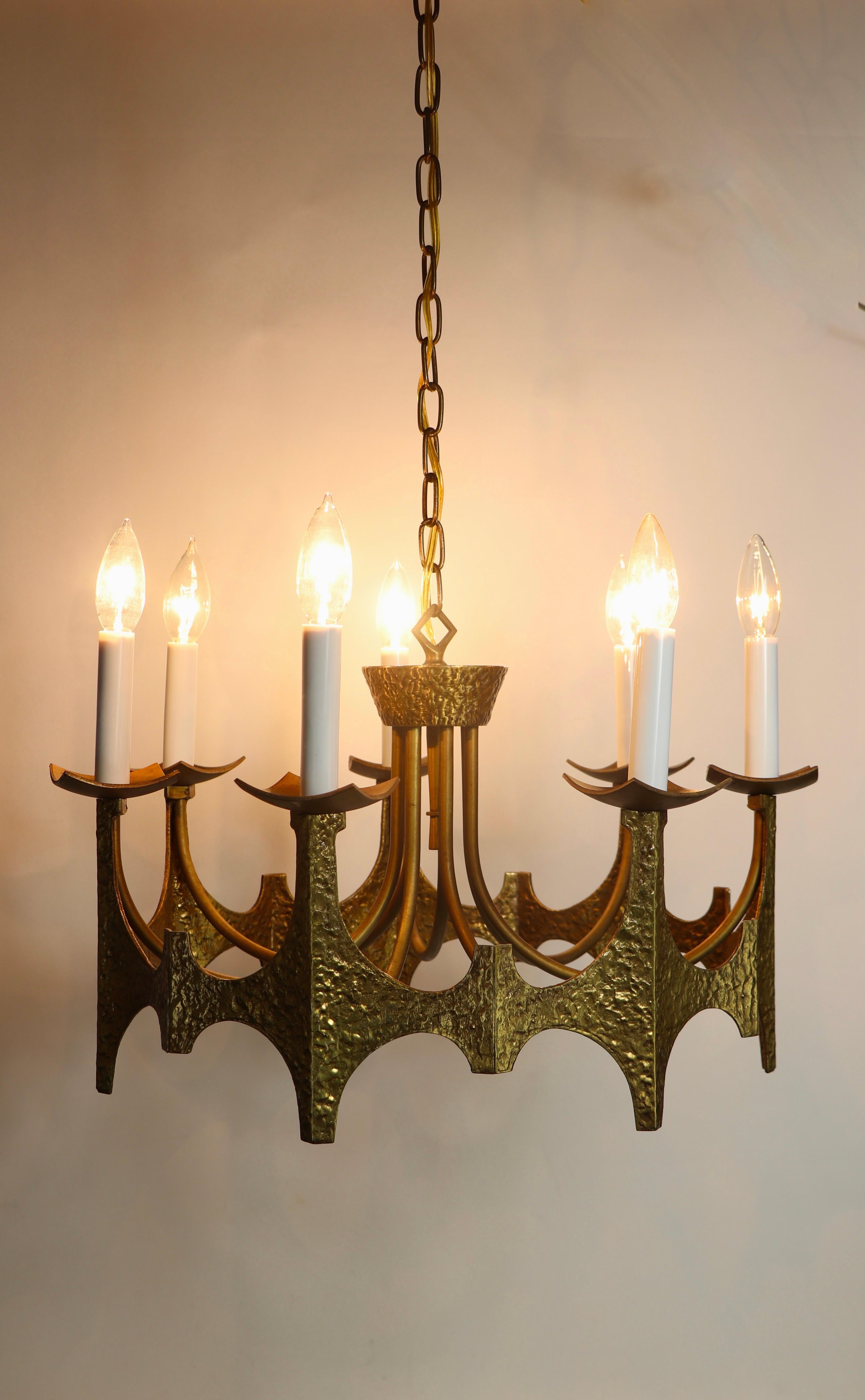 Seven Light Brass Brutalist Chandelier by Moe Bridges, ca. 1970's In Good Condition In New York, NY