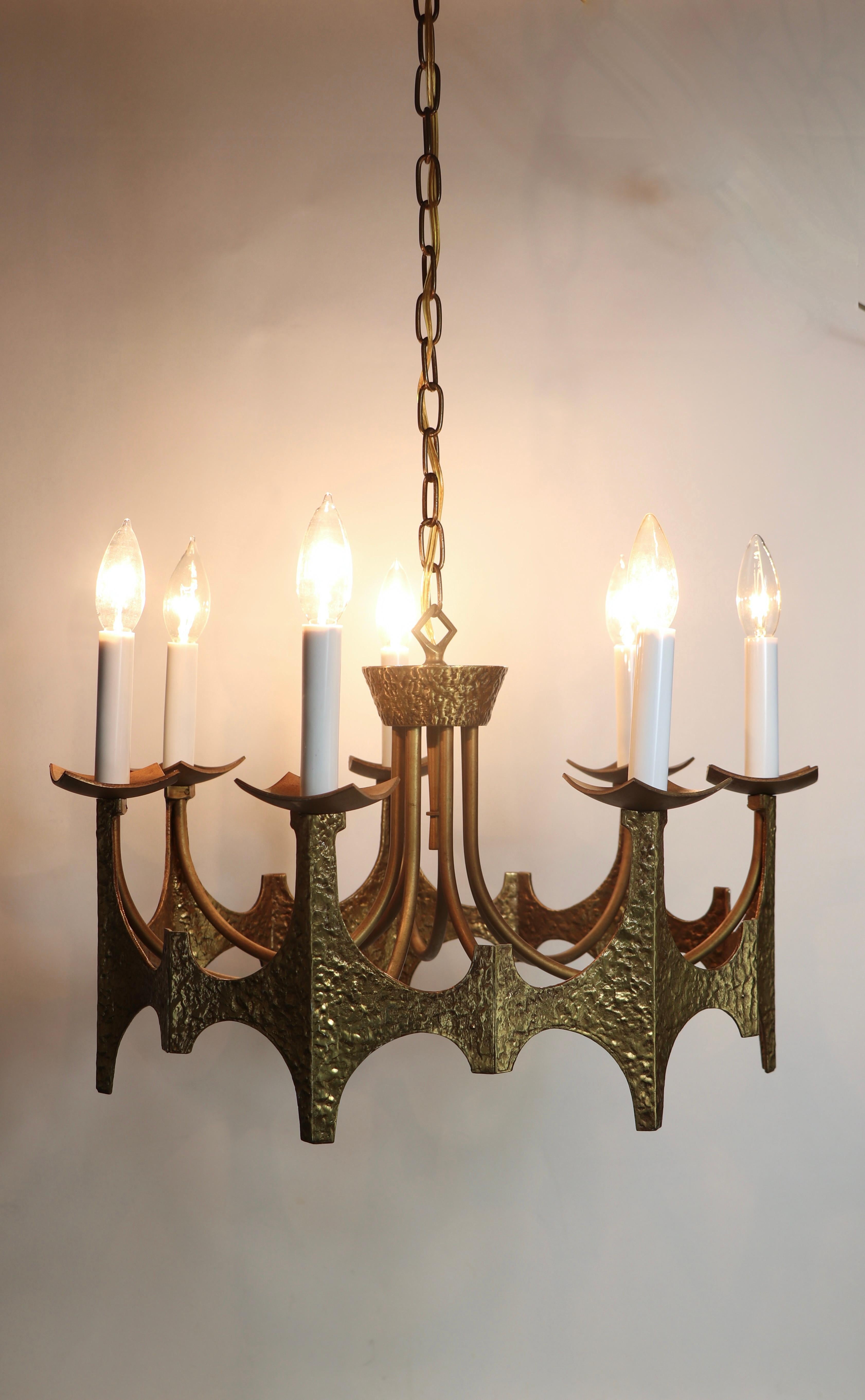 20th Century Seven Light Brass Brutalist Chandelier by Moe Bridges, ca. 1970's