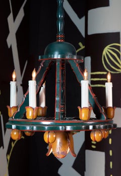 Seven Light Hungarian Folk Inspired  Art Deco Lacquered Wood  Ring Chandelier