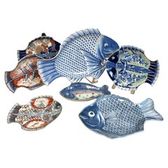 Antique Seven Meiji Period Imari Fish Plates, Sold as a group 
