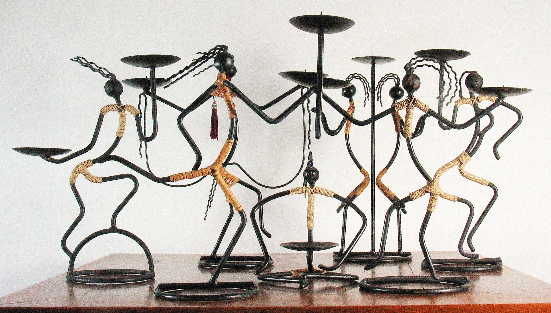 Seven Mid-Century Modernist Danish Black String Iron Candleholders 