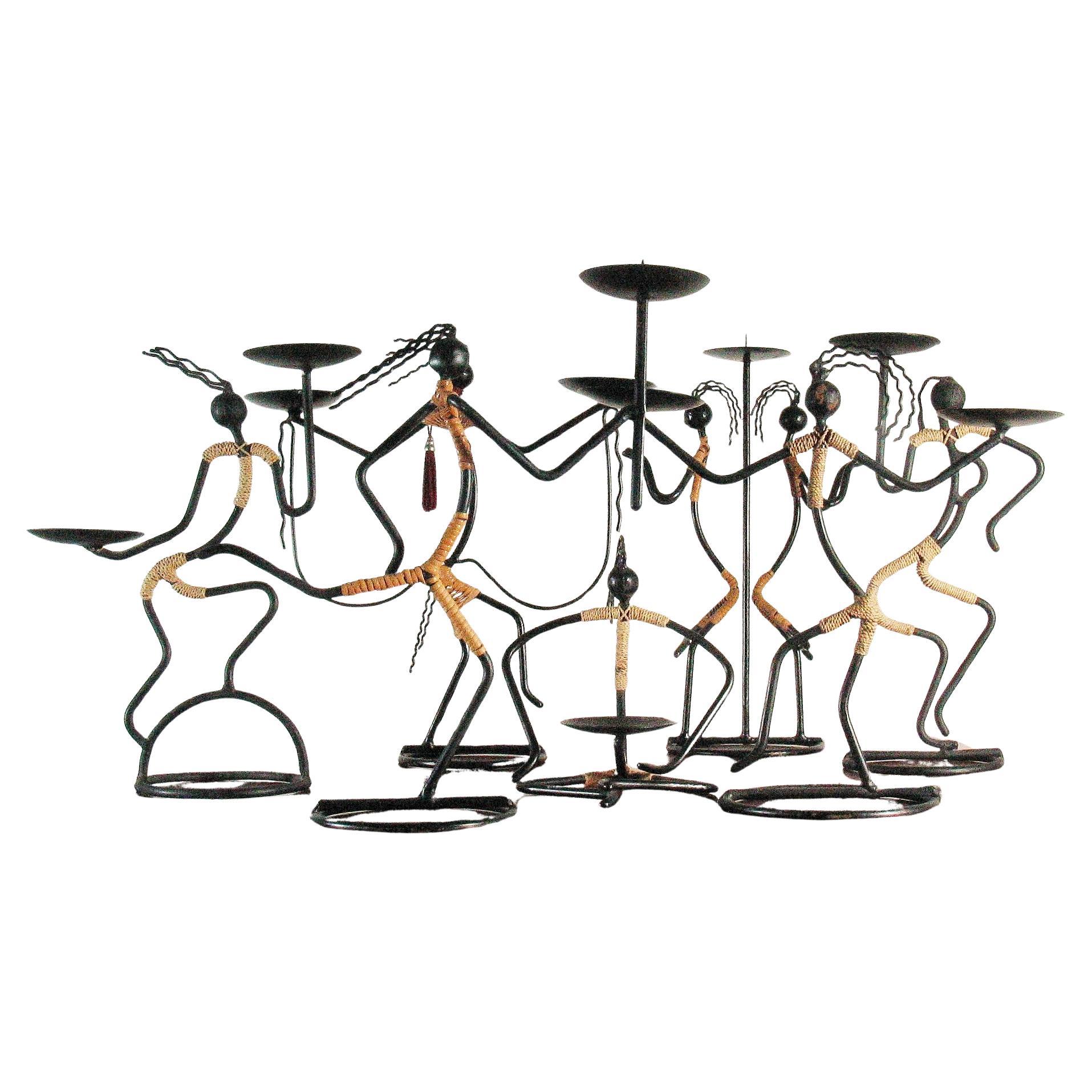 Seven Mid-Century Modernist Danish Black String Iron Candleholders "Dance Party" For Sale