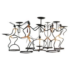 Seven Mid-Century Modernist Danish Black String Iron Candleholders "Dance Party"