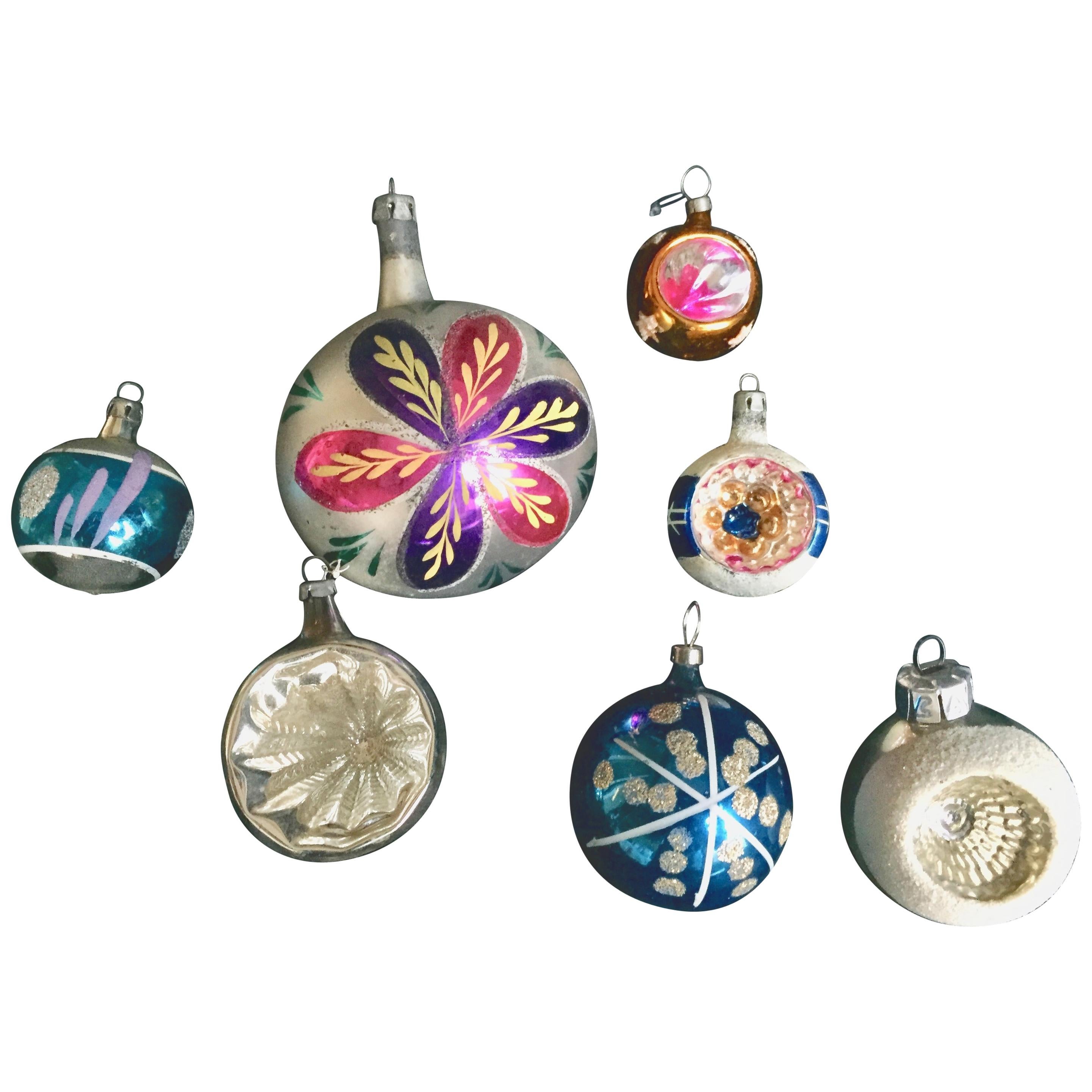 Seven Midcentury Mercury Glass Christmas Tree Ornaments