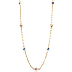 Seven Natural Oval Sapphires and Rubies Bezel Necklace Silver Yellow Gold-Plated