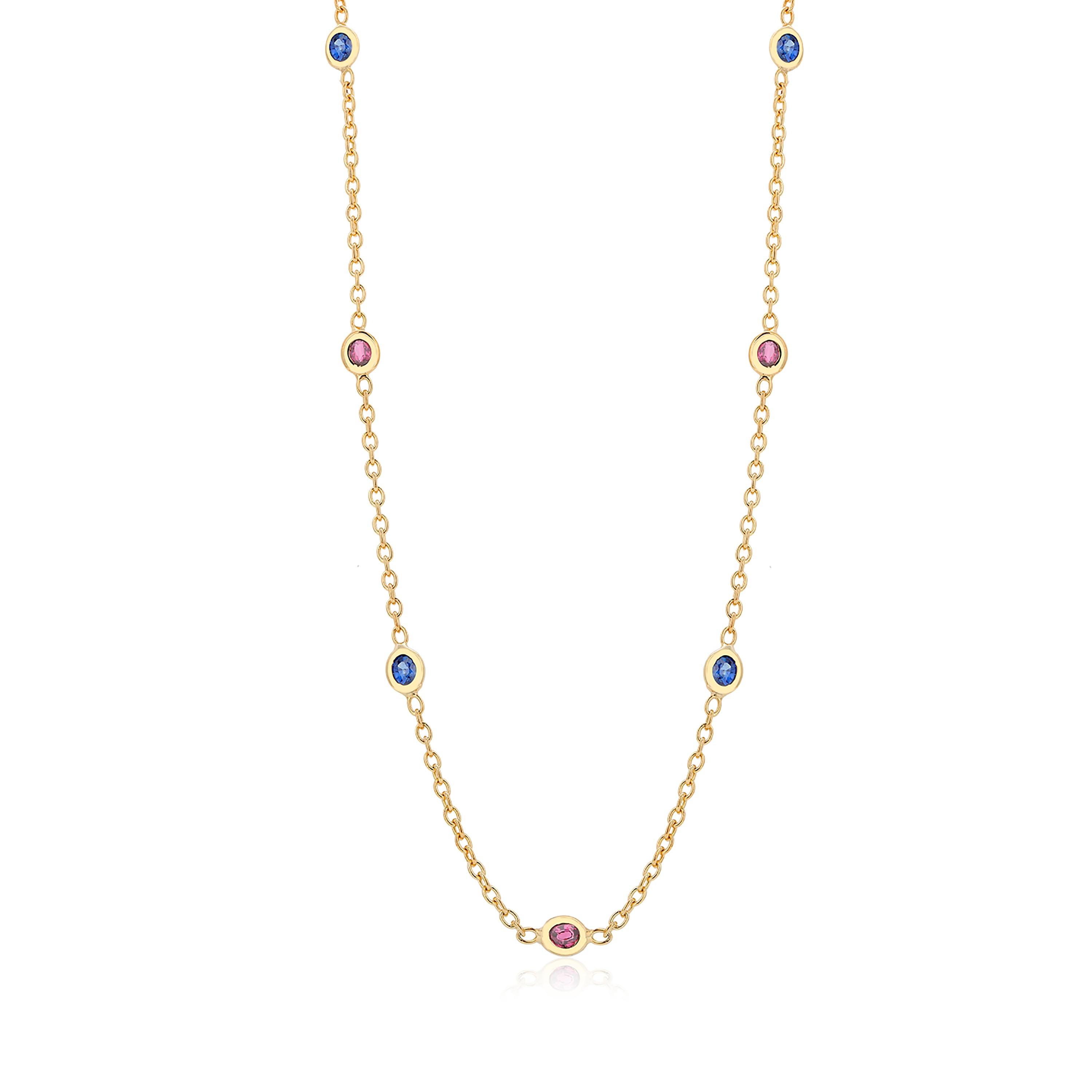 Modern Seven Natural Oval Sapphires and Rubies Bezel Necklace Silver Yellow Gold-Plated