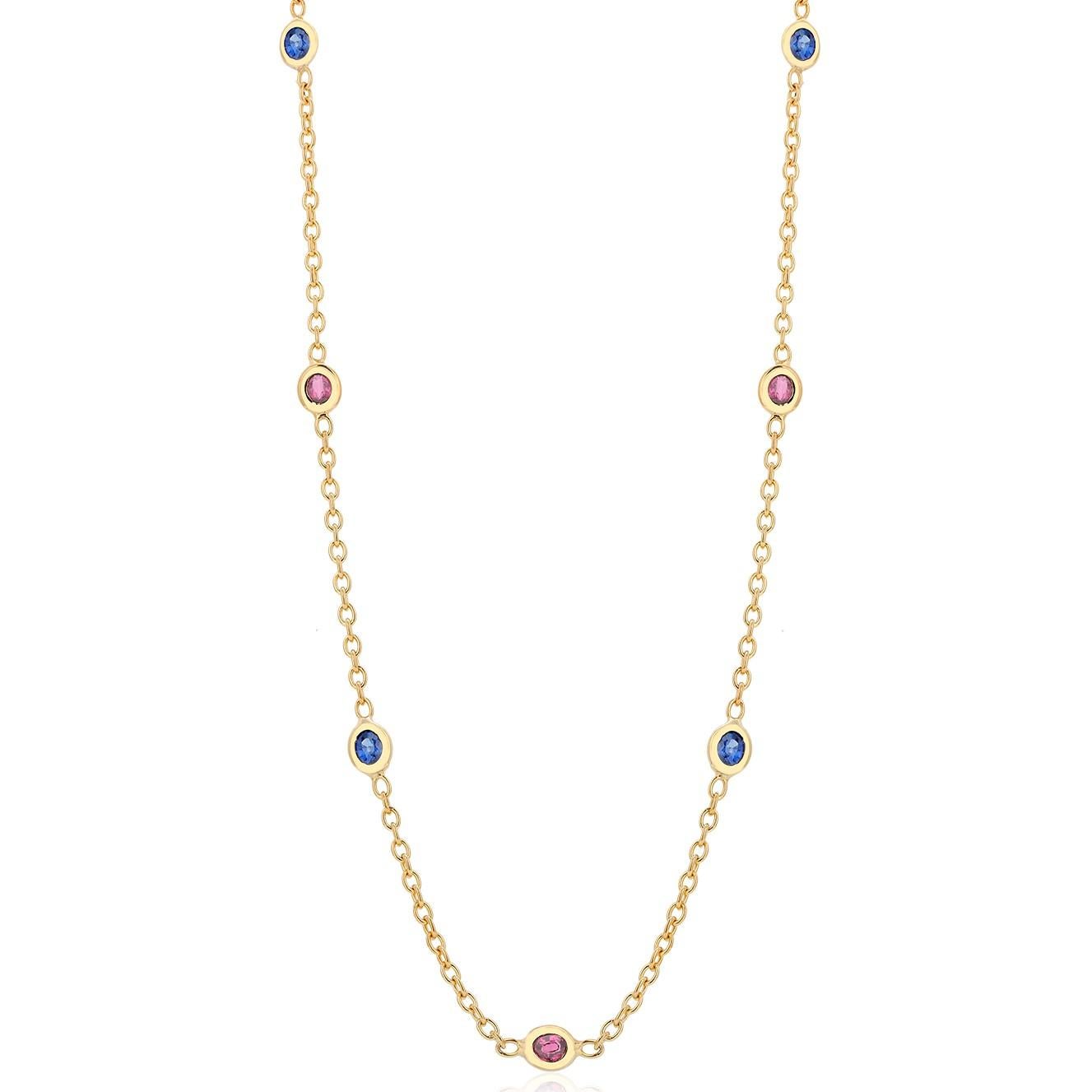 Oval Cut Seven Natural Oval Sapphires and Rubies Bezel Necklace Silver Yellow Gold-Plated