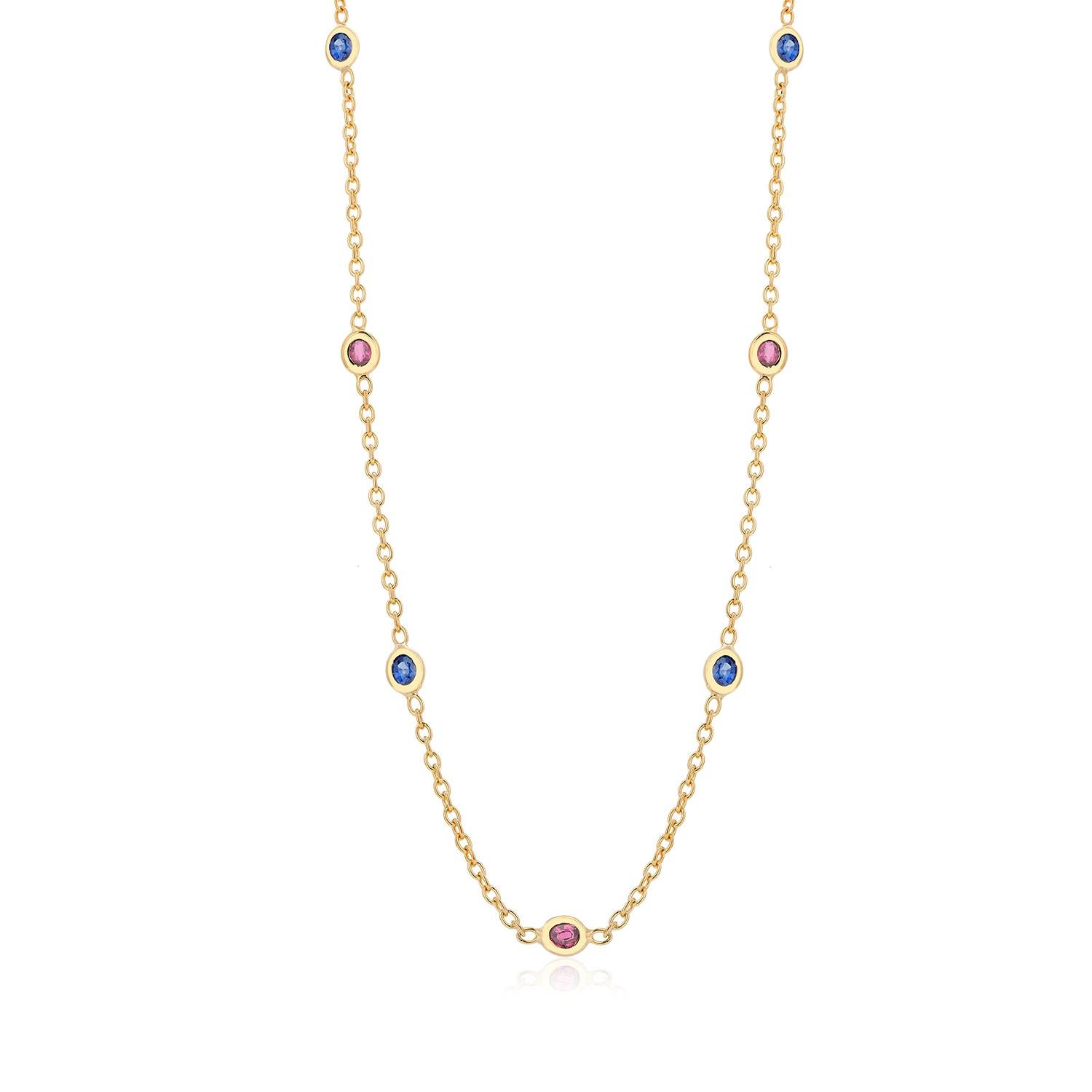 Seven Natural Oval Sapphires and Rubies Bezel Necklace Silver Yellow Gold-Plated In New Condition In New York, NY