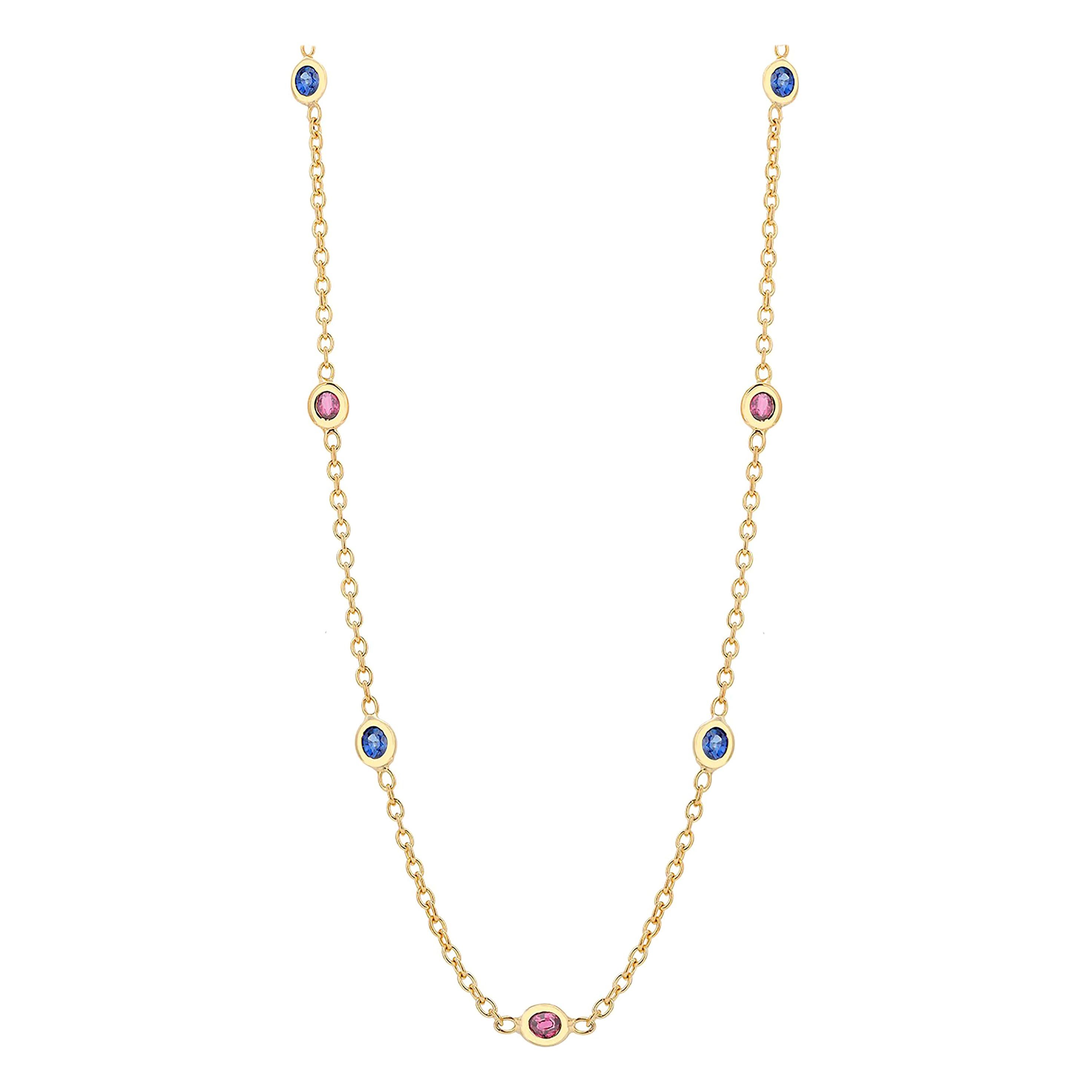 Seven Natural Oval Sapphires and Rubies Bezel Necklace Silver Yellow Gold-Plated