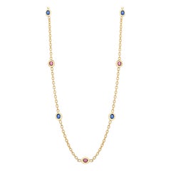 Seven Natural Oval Sapphires and Rubies Bezel Necklace Silver Yellow Gold-Plated