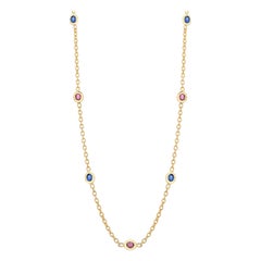 Seven Natural Oval Sapphires and Rubies Bezel Necklace Silver Yellow Gold-Plated