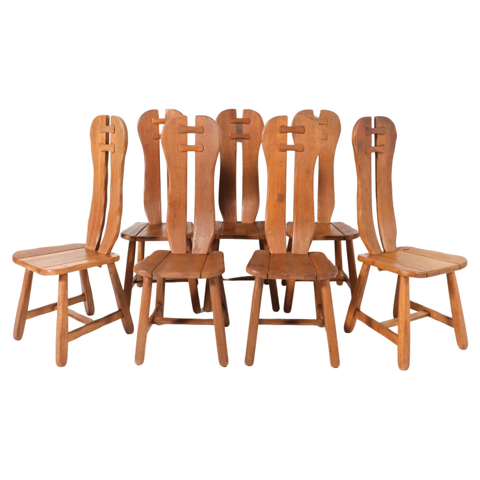 Seven Oak Brutalist Dining Room Chairs by Kunstmeubelen De Puydt Belgium, 1970s