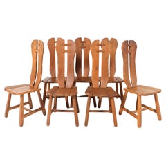 Seven Oak Brutalist Dining Room Chairs by Kunstmeubelen De Puydt Belgium, 1970s