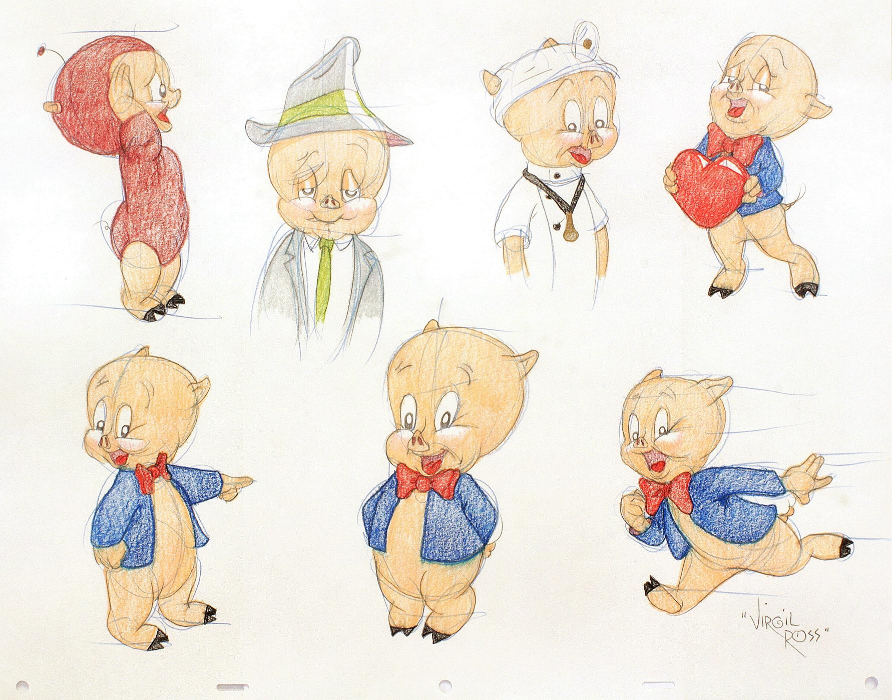 Fin du 20e siècle VENANT DRAWINGS ORIGINAUX DE PORKY PIG - Signé par Virgil Ross en vente