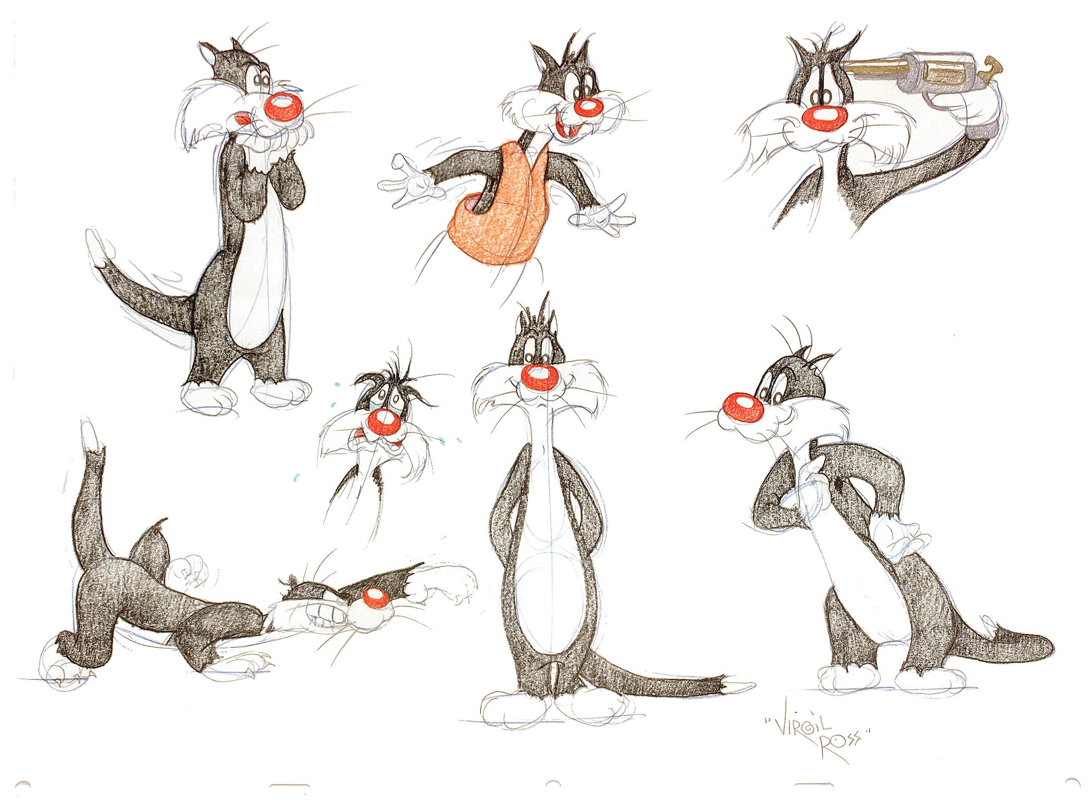 SEVEN ORIGINAL DRAWINGS OF SILVESTER THE CAT - Signed By Virgil Ross In Excellent Condition For Sale In Hillsborough, NJ