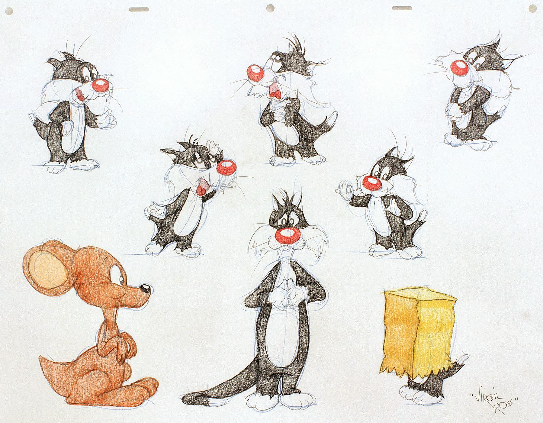 VENANT DRAWINGS ORIGINAUX DE SYLVESTER THE CAT et JR. - Signé par Virgil Ross Excellent état - En vente à Hillsborough, NJ