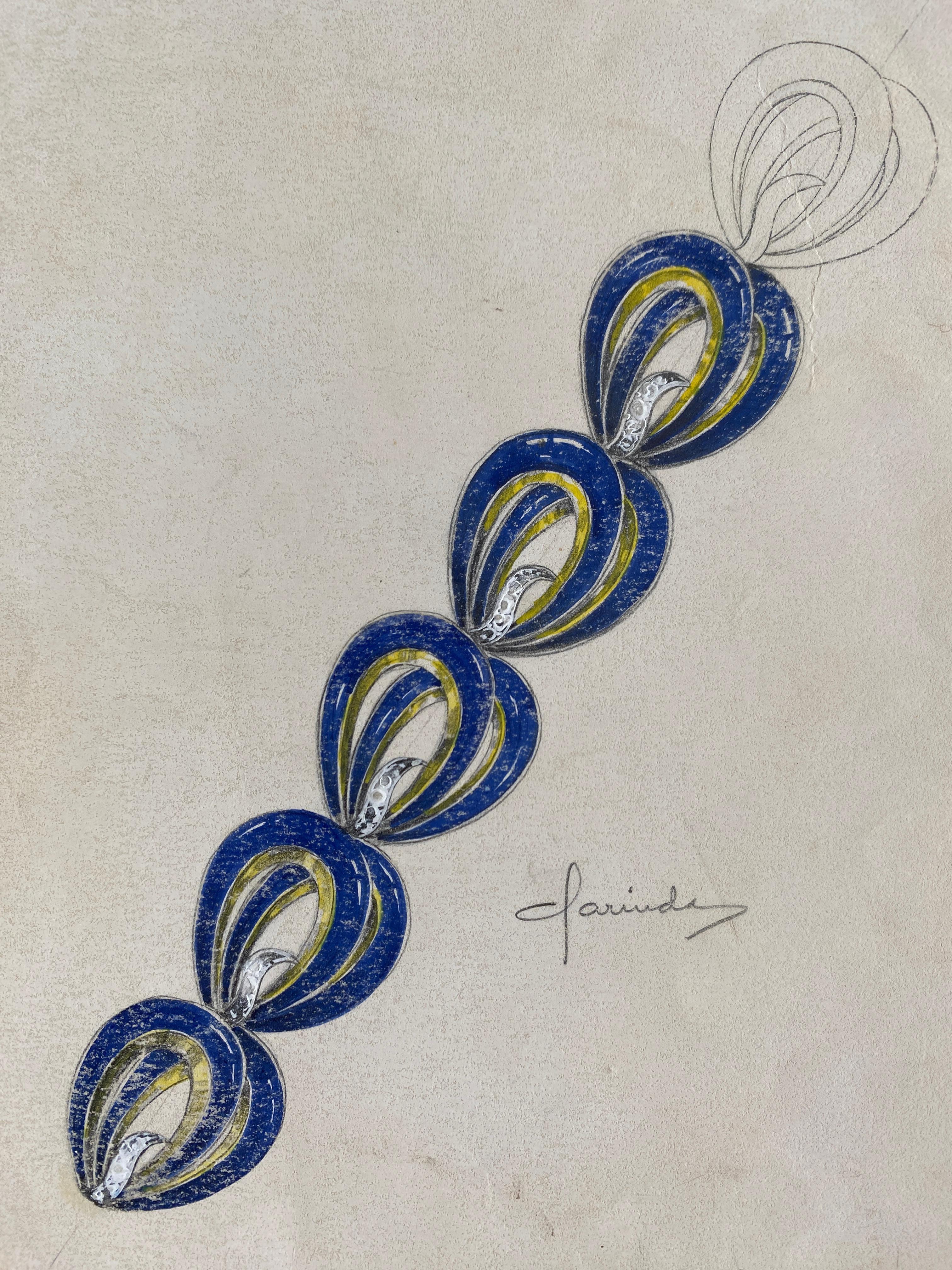A collection of beautiful and precise jewelry designs on paper, in pencil, some with gouache rendering vibrant colour, brightness or luster to the jewels depicted, of varying condition and sizes, comprising two designer necklaces in gold, two
