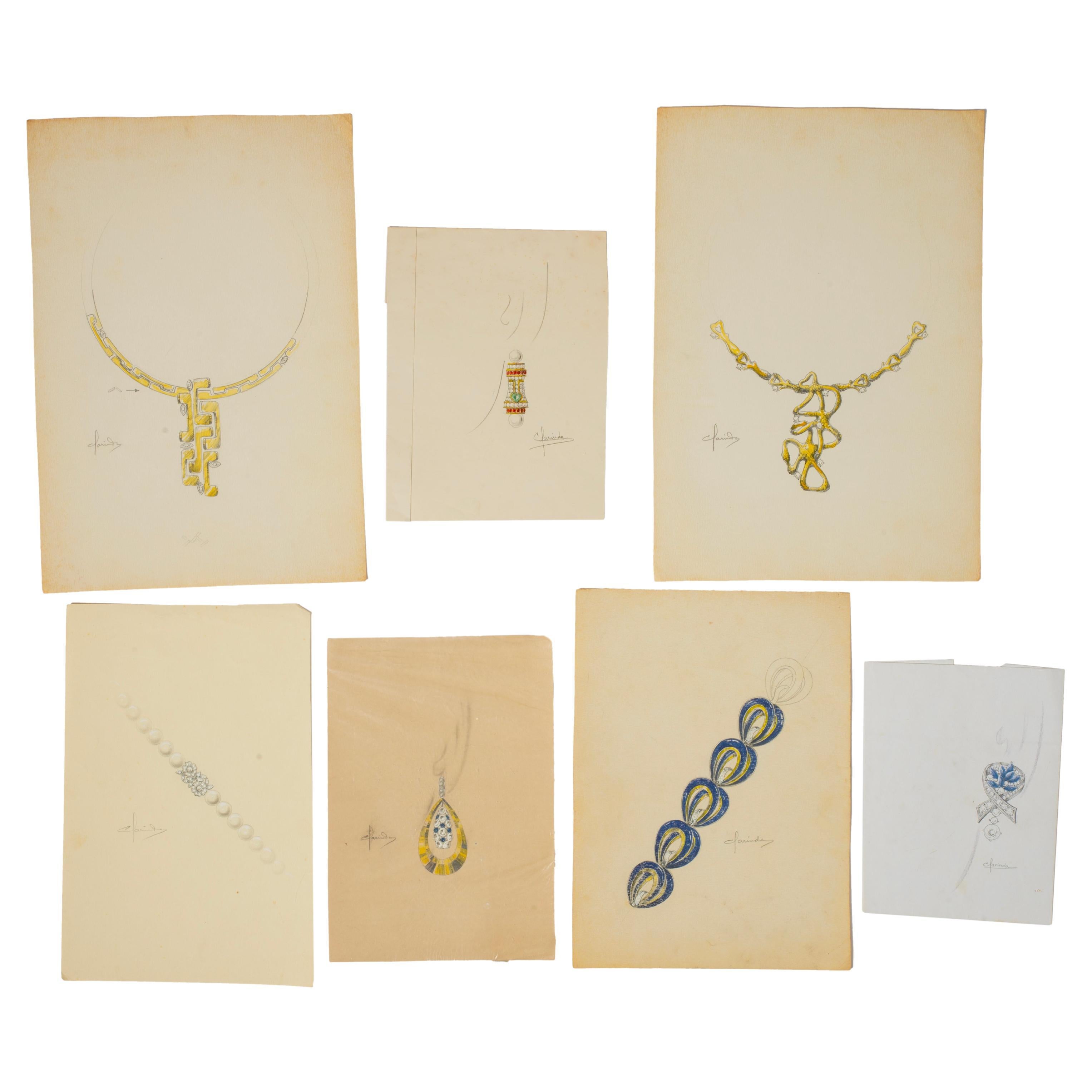 Seven Original Vintage Jewelry Designs signed Clarinda, 1970s or 80s For Sale