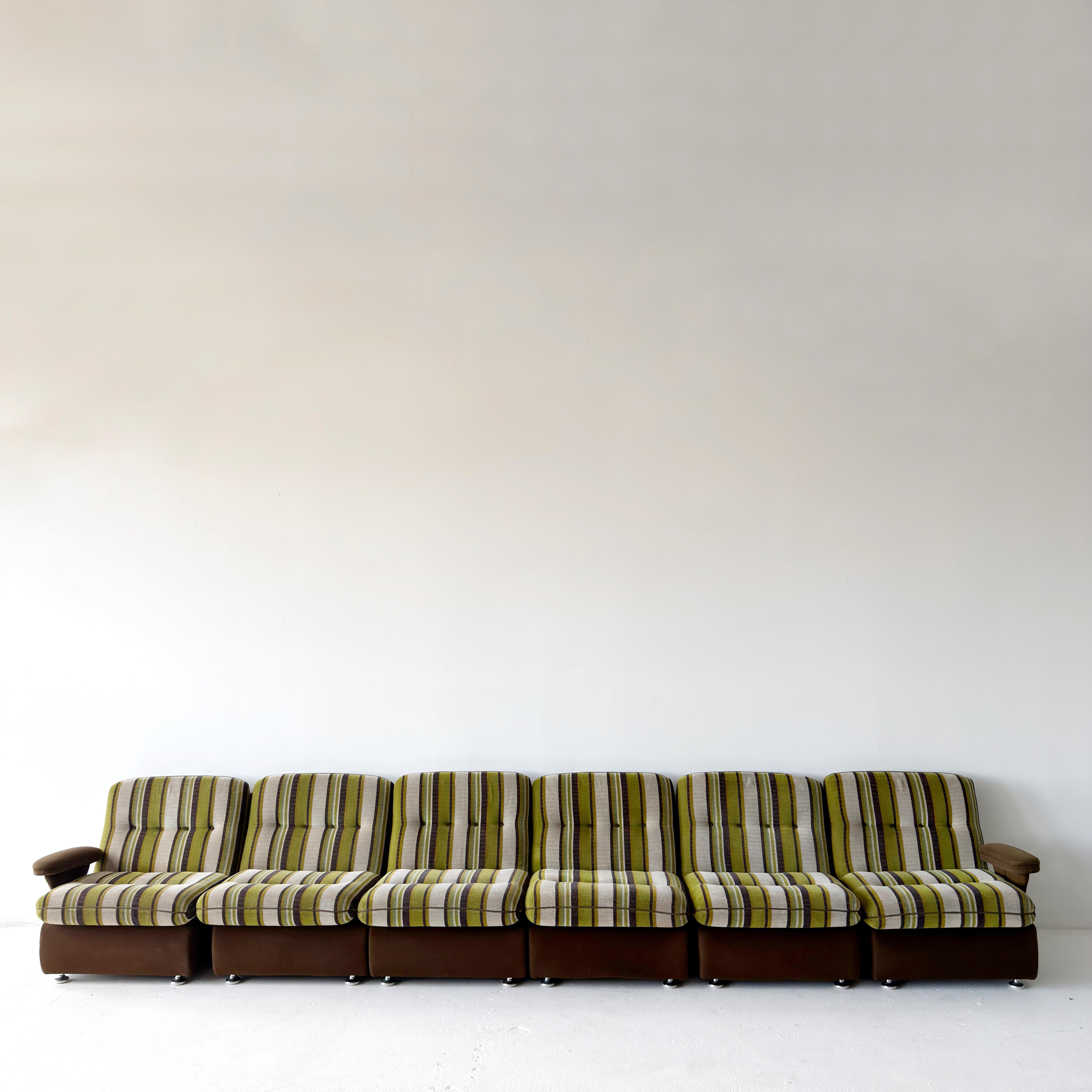 1960s Danish seven-piece living living room set. Green and brown striped velvet upholstery. Feels like a very low pile velvet, soft to the touch. Foam is in great condition.  *** refer to dimensions below ***

Sections available individually - ask