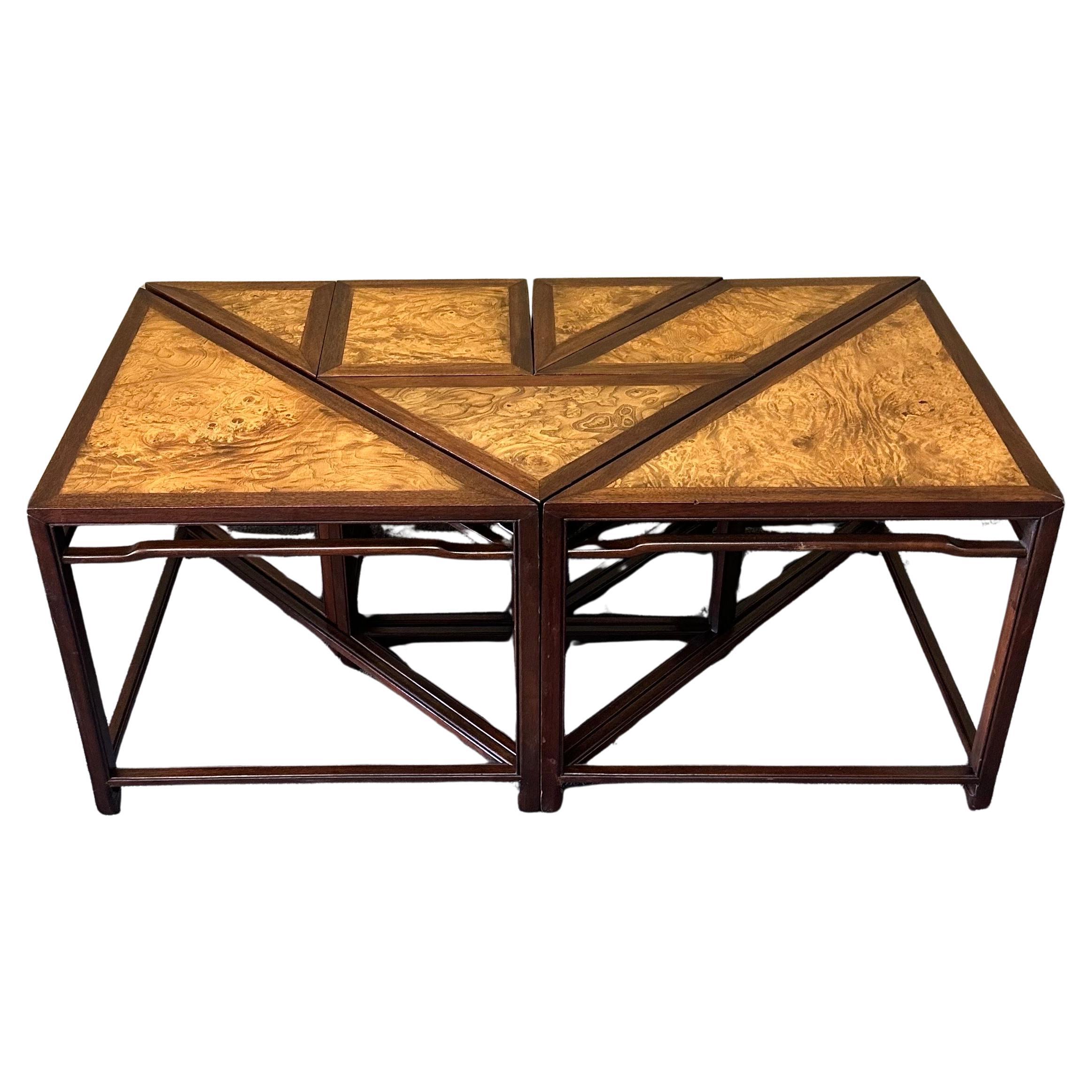 Américain Table basse Tangram géométrique en bois de ronce de sept pièces par Baker Furniture en vente