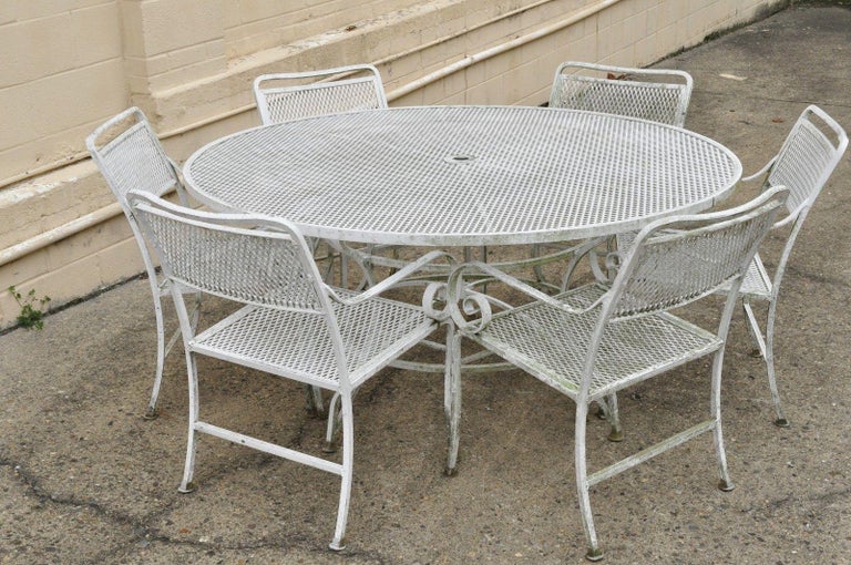 Seven Piece Cast Aluminium Scroll Arm Metal Patio Dining Set Table