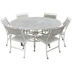 Retro Seven-Piece Cast Aluminium Scroll Arm Metal Patio Dining Set Table & Six Chairs