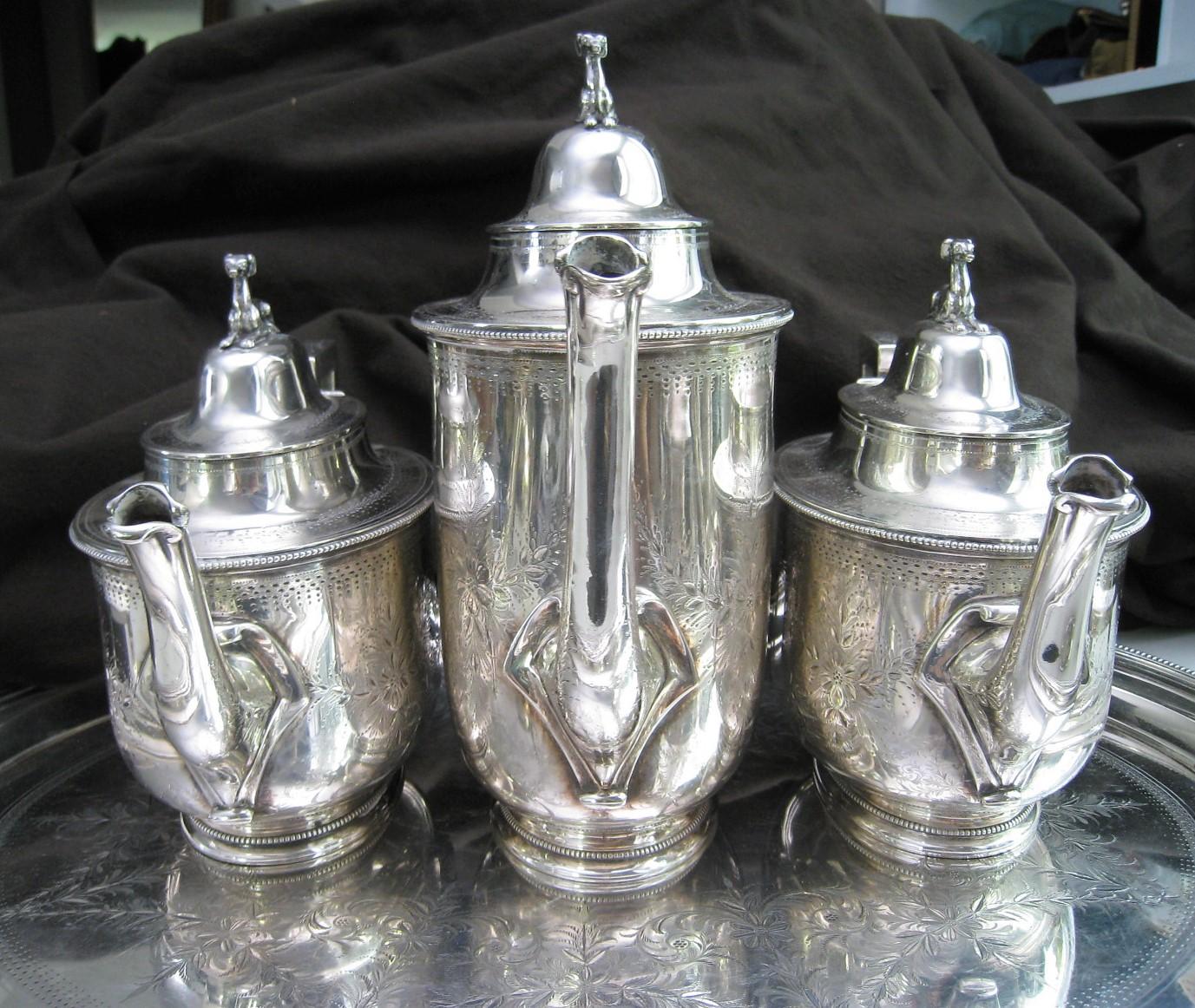 Seven-Piece Rogers & Wendt Coin Silver Tea Set Plus Tray Greyhound Dog Finials For Sale 2