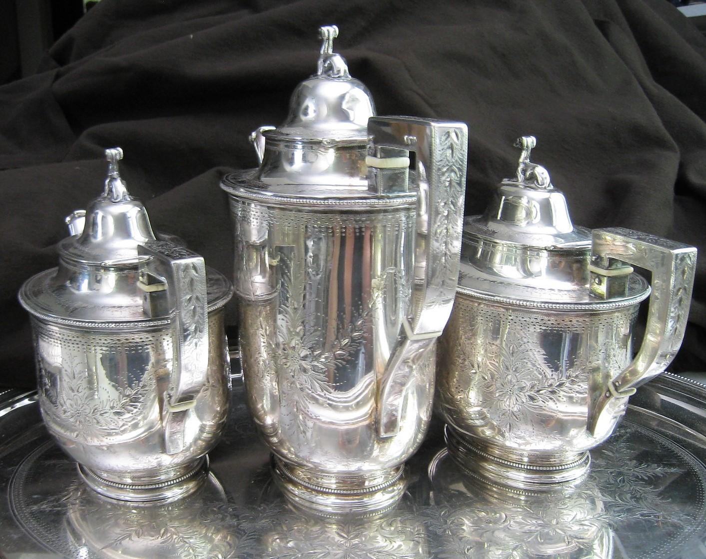 Seven-Piece Rogers & Wendt Coin Silver Tea Set Plus Tray Greyhound Dog Finials For Sale 3