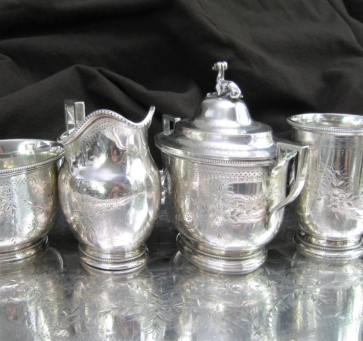 Seven-Piece Rogers & Wendt Coin Silver Tea Set Plus Tray Greyhound Dog Finials For Sale 4